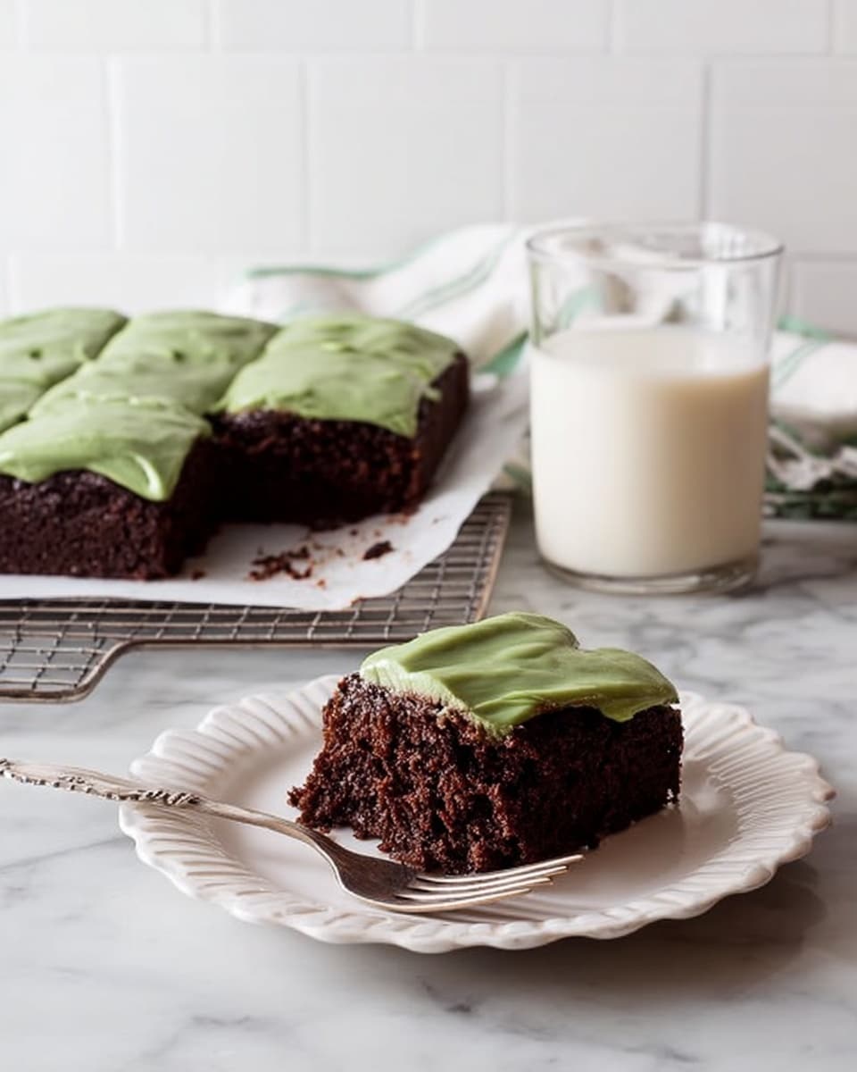 A dark brown chocolate cake with green frosting on top is shown, with the cake cut into squares. One piece of the cake is placed on a white scalloped plate in the front, showing its moist, crumbly texture inside. The green frosting is smooth and spread evenly over the top of each cake piece. A silver fork rests on the plate beside the cake piece. In the background, the rest of the cake sits on a cooling rack lined with white parchment paper. A clear glass filled with milk is also placed behind the plate on a white marbled surface with white subway tiles in the background. Photo taken with an iphone --ar 4:5 --v 7