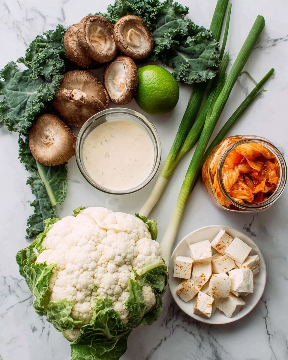 The image shows fresh ingredients arranged on a white marbled surface, including a whole white cauliflower with green leaves at the bottom right, dark green kale leaves to the left, light brown mushrooms clustered in the top right center, a whole green lime near the middle, and two green onions extending from the top right corner. A small white bowl holds cubed tofu with an orange seasoning at the bottom right edge, and a clear glass jar containing orange kimchi is near the top right. In the center, there is a clear glass bowl filled with creamy white sauce. photo taken with an iphone --ar 4:5 --v 7