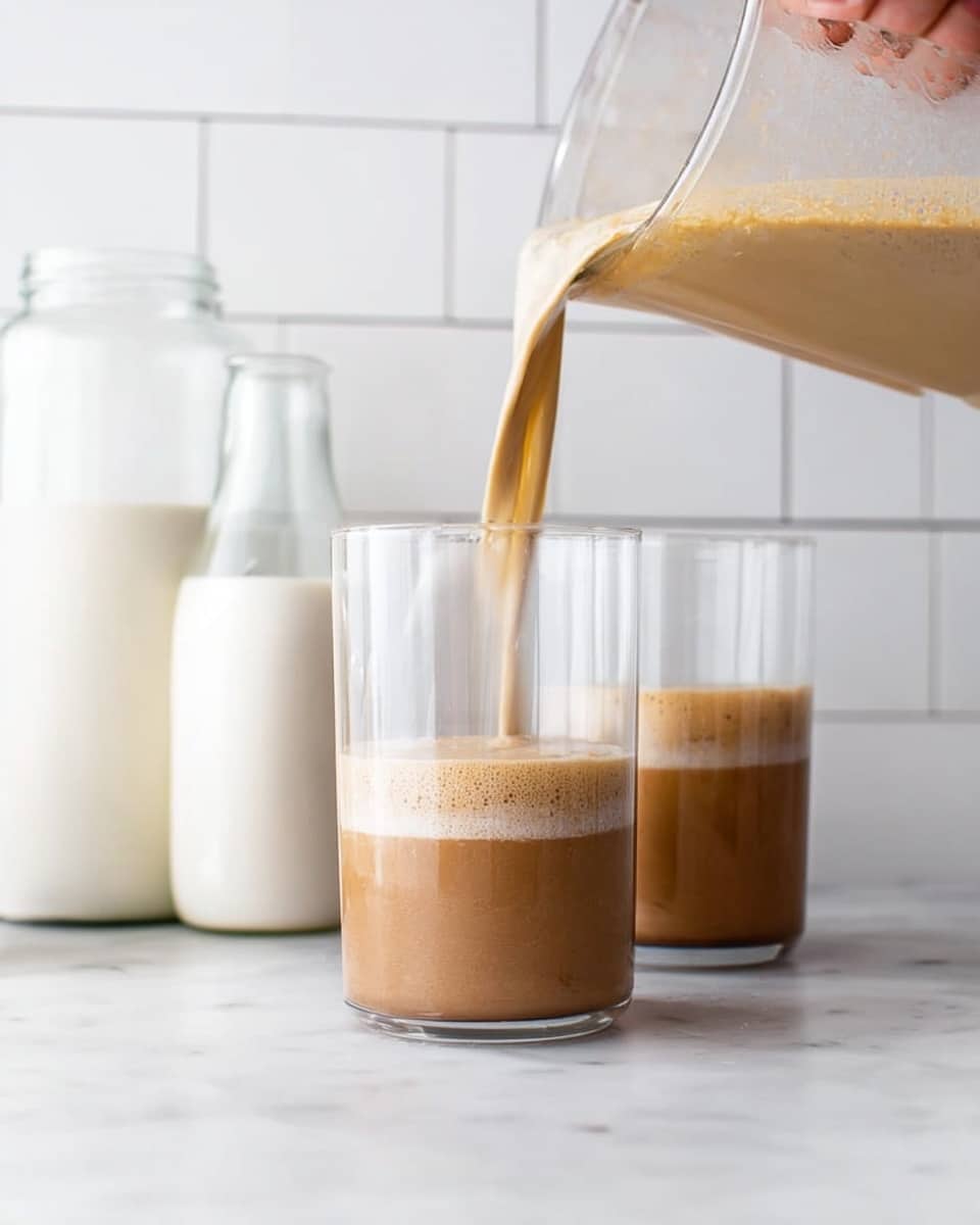A clear glass is filled with a two-layer drink, the bottom layer is light brown with a smooth texture, while the top layer is a creamy light beige foam being poured from a blender pitcher held by a woman's hand above it. Two similar glasses with the same light brown drink stand behind it on a white marbled surface. To the left, there is a clear glass bottle filled with white milk, and in the background, white subway tiles provide a clean backdrop. photo taken with an iphone --ar 4:5 --v 7