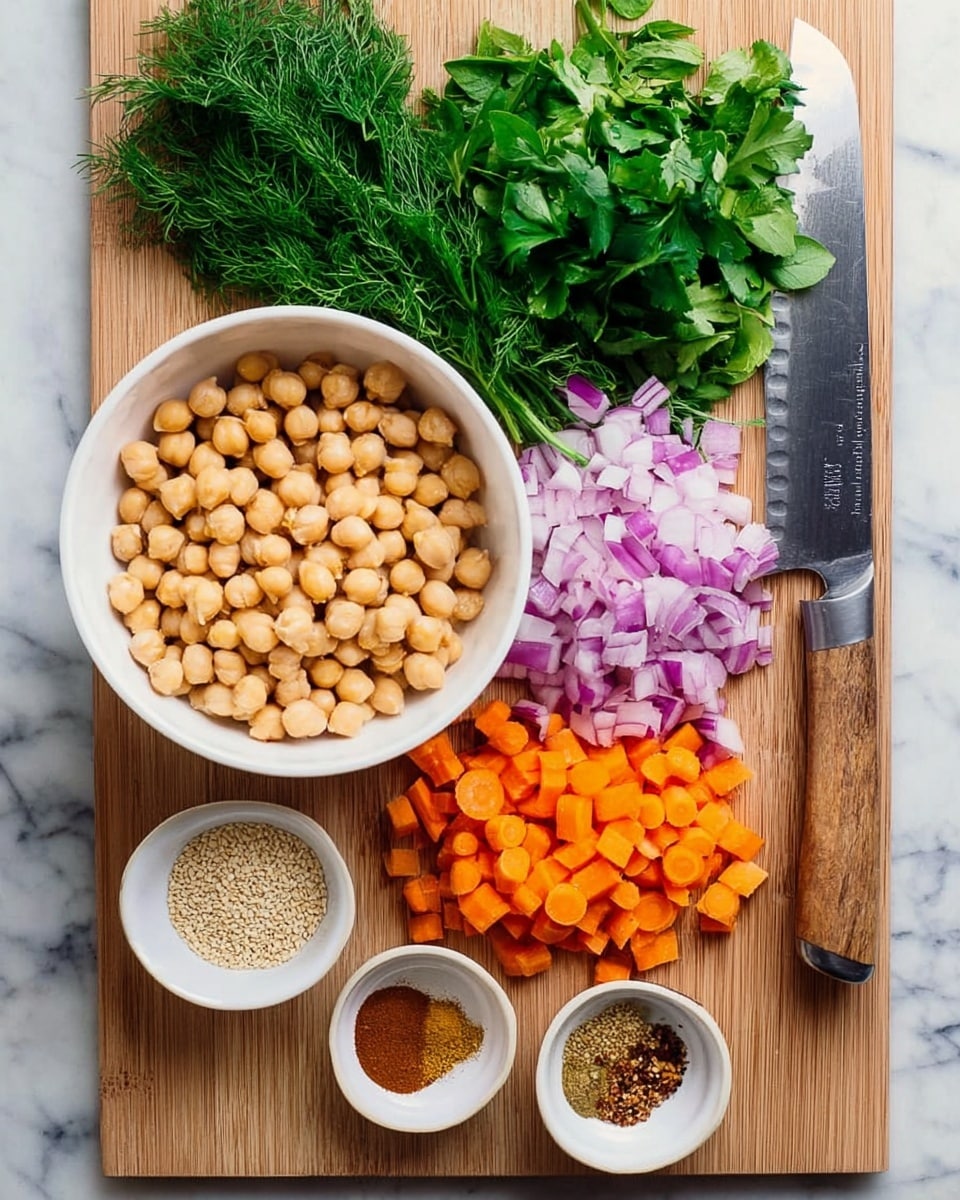 The image shows a wooden cutting board on a white marbled surface, filled with ingredients. In the center is a white bowl full of light beige chickpeas. To the right are three layers of chopped vegetables: bright orange carrot pieces closest to the bowl, followed by pale purple chopped onions further right, and next to the onions is a large knife with a wooden handle. Above the chickpeas are fresh leafy greens, with darker green dill on the left and lighter green cilantro on the right. Below the bowl with chickpeas are two small white bowls; one holds light brown sesame seeds, and the other contains different brown and orange spices layered side by side. photo taken with an iphone --ar 4:5 --v 7