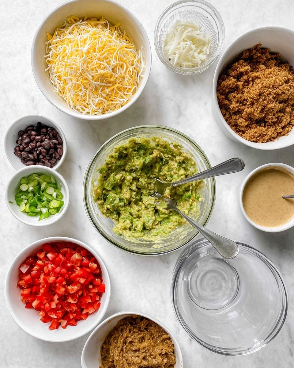The image shows nine bowls and a glass mixing bowl on a white marbled surface. In the top left is a white bowl full of shredded yellow and white cheese. Below it, another white bowl contains a green mashed mixture with leafy bits and a fork inside. Next to it, there is a small white bowl filled with dark brown small chopped pieces, and another below it with sliced green onions. At the bottom left is a white bowl filled with finely diced red tomatoes. At the top right is a white bowl with a crumbly brown mixture and a spoon inside. In the center near the top is a white bowl with a light tan creamy sauce and a spoon. The clear glass mixing bowl sits at the center right. The entire setup is on a white marbled surface. photo taken with an iphone --ar 4:5 --v 7