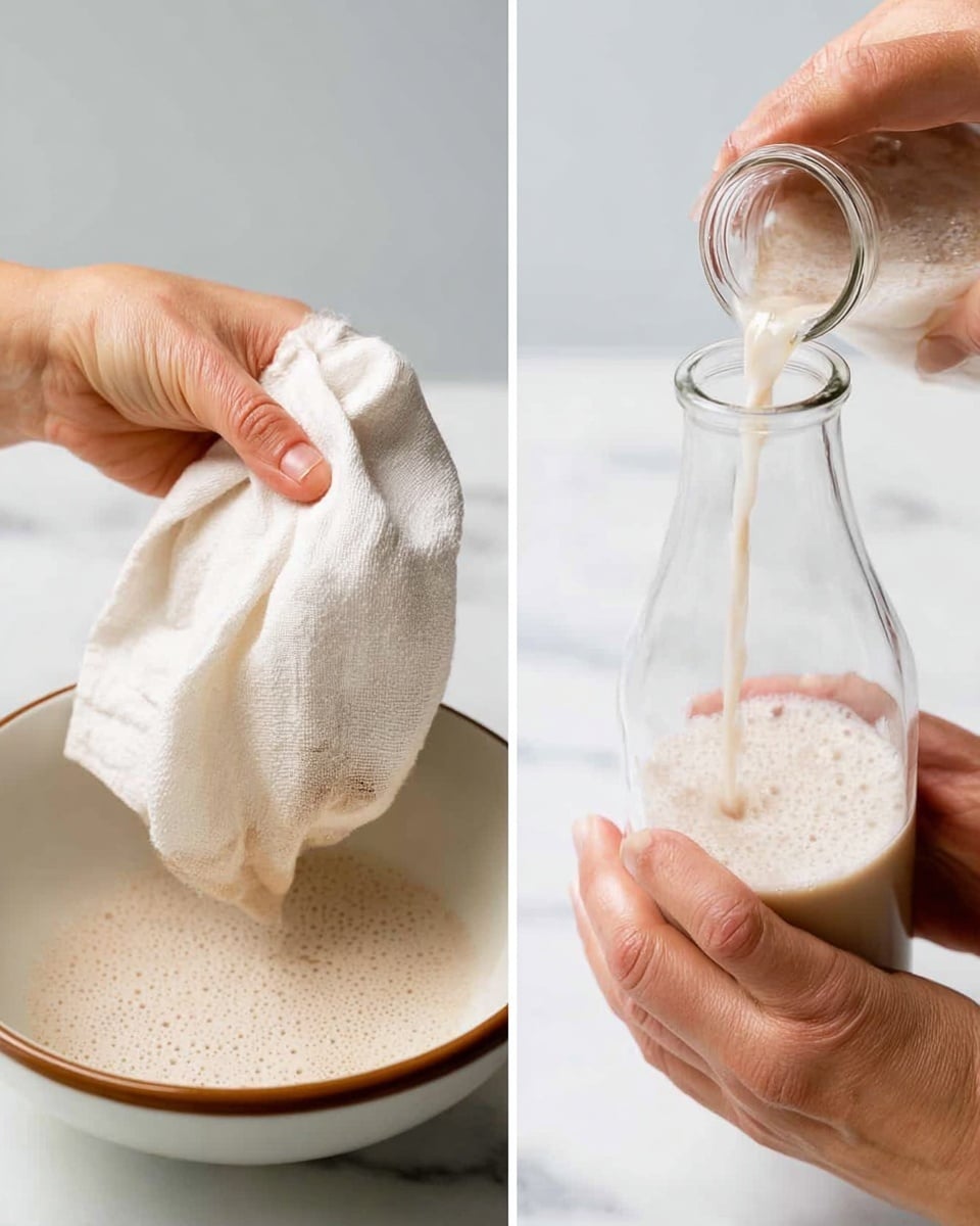 The left side shows a close-up of a woman's hands squeezing a beige liquid through a white cloth into a white bowl with a light brown rim, with the liquid foaming as it falls. On the right side, a woman's hands are holding a clear glass bottle while a beige frothy liquid is poured into it from above, against a white marbled surface. photo taken with an iphone --ar 4:5 --v 7