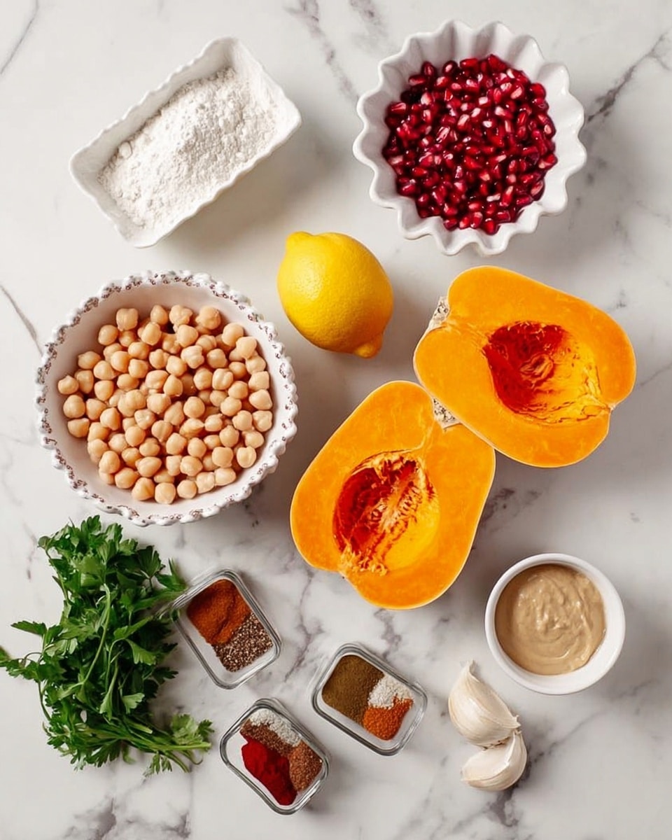 This image shows various fresh ingredients carefully arranged on a white marbled surface. At the center is a white bowl filled with light beige chickpeas. Above it, there are two halves of bright orange butternut squash with a smooth texture and hollow centers. To the left of the squash, there is a small white dish with white flour and a lemon beside it. Above the lemon is a cup filled with deep red pomegranate seeds, and to the upper right of the pomegranate is a white scalloped dish with several ground spices in brown and red shades. To the bottom left of the chickpeas, there is a small transparent container filled with more pomegranate seeds. On the right side, there is a small white cup filled with a smooth beige paste and fresh green parsley leaves laying flat next to it. A single clove of garlic is positioned near the lemon in the upper center area. All items are set on a clean, white marbled background. Photo taken with an iphone --ar 4:5 --v 7
