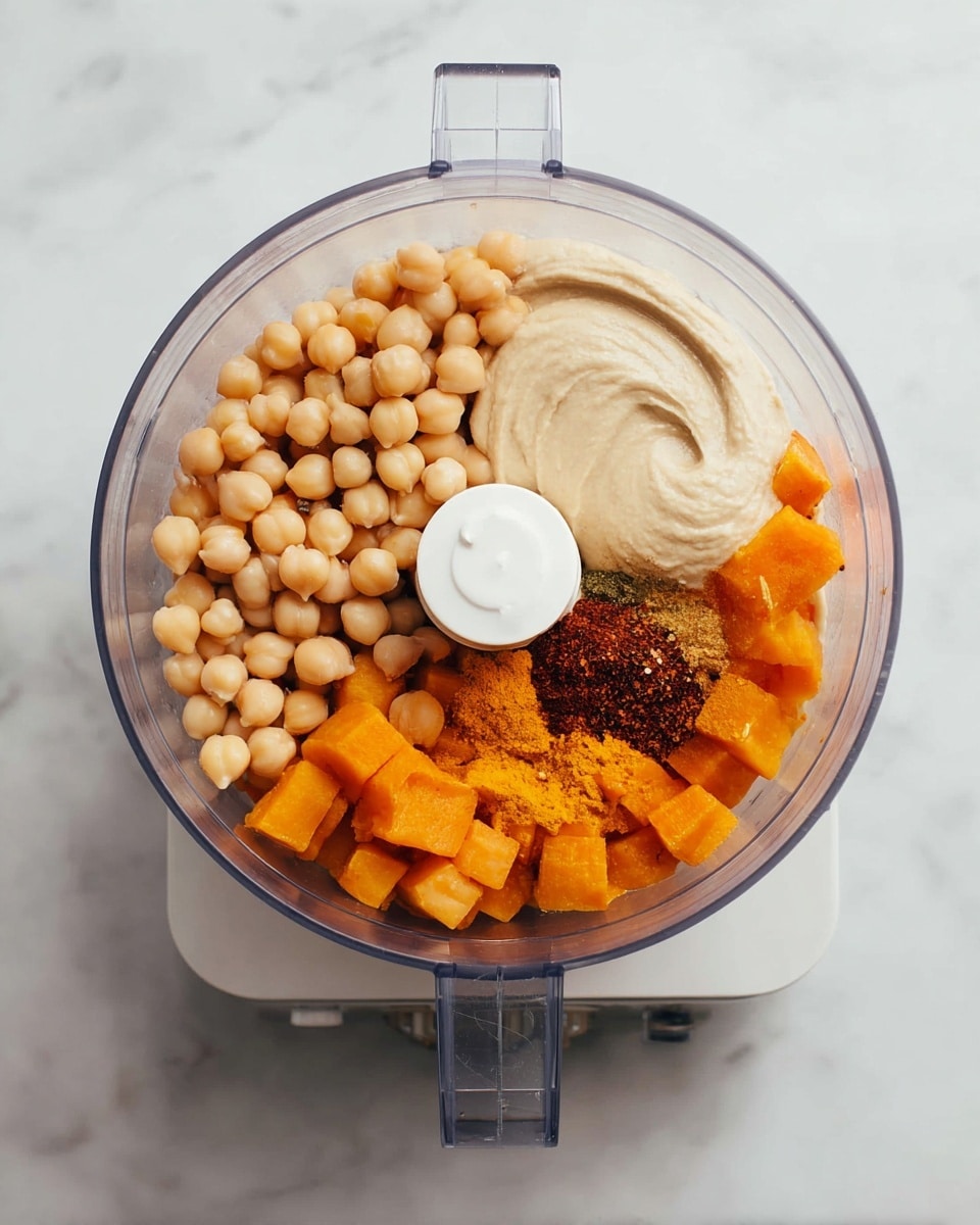 A clear food processor bowl sits on a white base, placed on a white marbled surface. Inside the bowl, there are four main groups: pale beige chickpeas on the left, bright orange cubed pieces on the right, a smooth light beige creamy layer near the top left, and a small pile of dark brown and reddish spices in the center bottom. The contents fill the bowl in distinct sections with clear texture differences between the creamy part, the whole chickpeas, the cubed orange pieces, and the powdered spices. Photo taken with an iphone --ar 4:5 --v 7