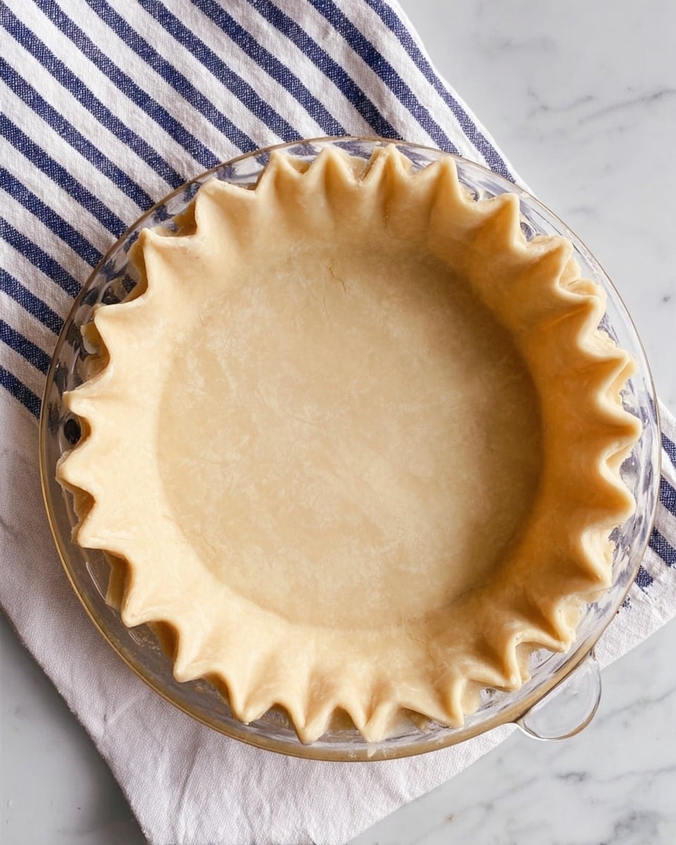 A clear glass pie dish with an unbaked pie crust inside, the crust is light beige with a smooth surface, its edges are evenly crimped in a scalloped pattern all around, resting on a white marbled surface with a white and dark blue striped cloth beneath. photo taken with an iphone --ar 4:5 --v 7