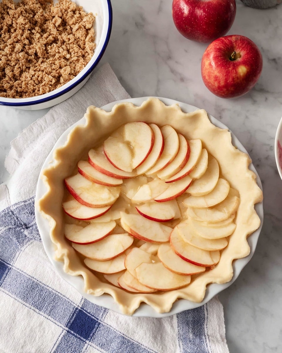 A white pie dish holds an unbaked pie with one visible layer of thin, light tan pie crust that has a crimped edge, filled with a single layer of sliced apples. The apples are pale cream with red skin edges, evenly spread, slightly overlapping across the surface. Nearby, to the top left, a white bowl with a blue rim has a crumbly brown oat mixture. The scene is set on a white marbled surface covered partially by a white cloth with blue-and-white checkered towels and two small red apples. Photo taken with an iphone --ar 4:5 --v 7
