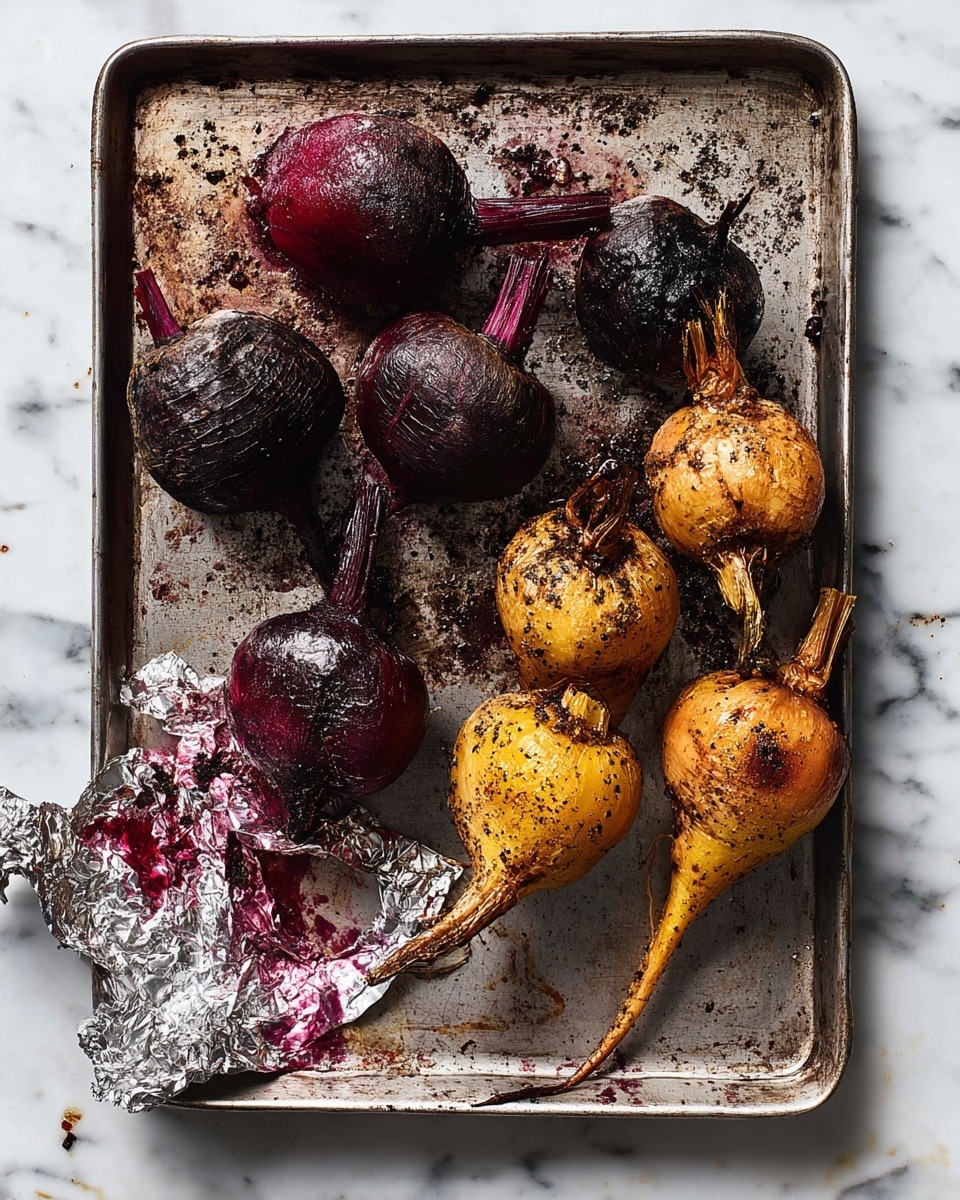 A rough metal baking tray holds seven roasted beets arranged in two groups: four deep purple beets with shriveled tops and some darkened spots on the left, and three golden-yellow beets with charred skin and tapered ends on the right. The tray has scattered black pepper and a few splatters of dark red beet juice. In the bottom left corner, crumpled foil with red beet juice stains peeks into the frame. All of this is placed on a white marbled surface. photo taken with an iphone --ar 4:5 --v 7