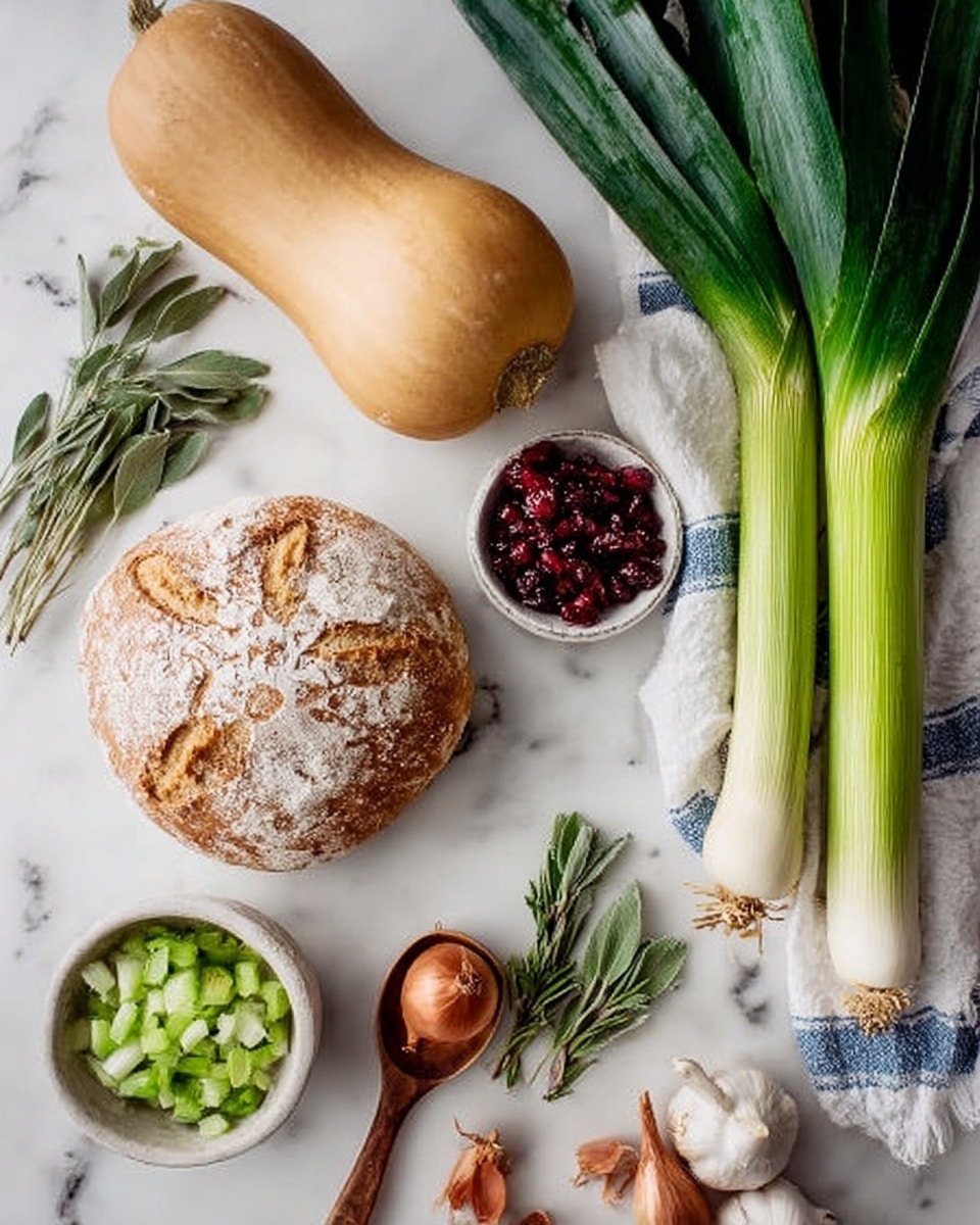 The image shows an arrangement of raw ingredients on a white marbled surface. There is a round loaf of bread with a dusting of flour creating a pattern on top, placed near the bottom left. Above it, a light brown butternut squash lies on the surface, next to a bunch of fresh sage leaves. Two fresh leeks, light green at the bottom and dark green at the top, rest on a white cloth with blue stripes. To the right, a small white bowl holds chopped green celery, and nearby is a wooden spoon filled with dried dark red cranberries. A small round white bowl contains small red onions with their roots facing upwards. A whole garlic bulb with white skin sits near the butternut squash. The setting has a clean and fresh look, showing all ingredients clearly. Photo taken with an iphone --ar 4:5 --v 7