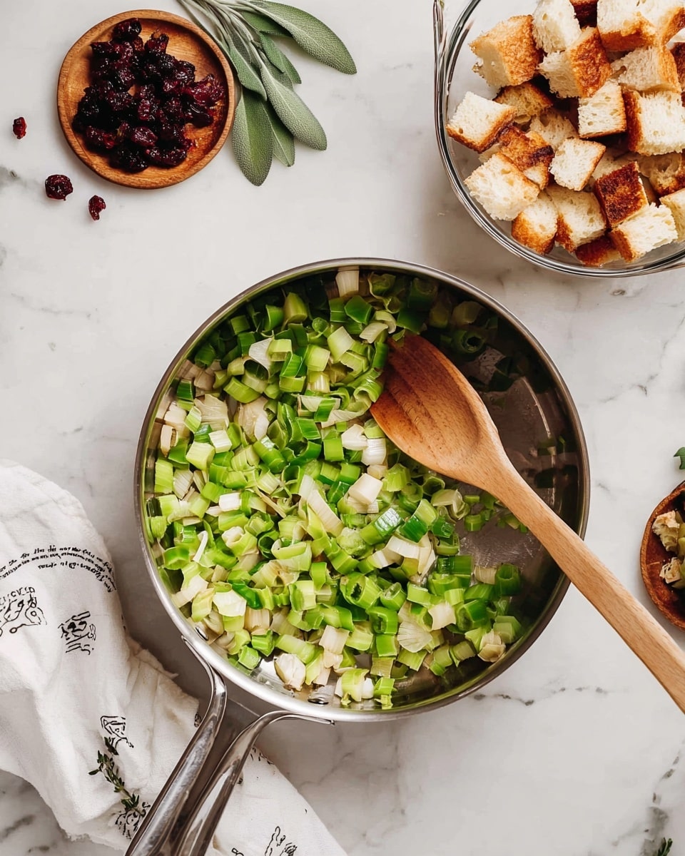 A silver pan filled with two layers of chopped green vegetables, mainly light and dark green rings and small pieces spread evenly in the pan, with a wooden spoon resting inside the pan over the vegetables showing its smooth light brown texture. Above the pan to the right, there is a clear glass measuring cup full of white bread cubes with toasted brown crusts on top, stacked loosely. Below to the left of the pan, there is a small round wooden dish with dried dark red berries and a few fresh green sage leaves placed beside it on a white marbled surface. A folded white cloth with black tiny designs is placed near the measuring cup. Photo taken with an iphone --ar 4:5 --v 7