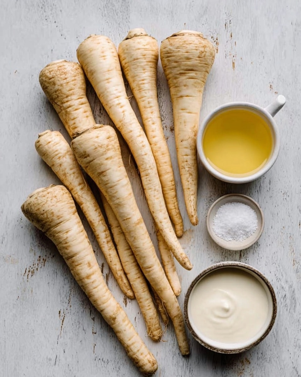 The image shows a group of light beige parsnips with a slightly rough texture, lying scattered on a white marbled surface. Next to them are three small white bowls; one contains a white granular substance that looks like salt, the second holds a light yellow liquid that appears to be oil, and the third is filled with a creamy white sauce. The parsnips are arranged in a casual pile, some overlapping and pointing in different directions. The white bowls are placed near the bottom right corner of the image, adding contrast to the natural tones of the parsnips. photo taken with an iphone --ar 4:5 --v 7