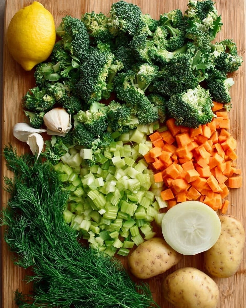 The image shows a wooden board covered with fresh chopped vegetables arranged in groups. In the center and upper middle part, there are many green broccoli florets and chopped broccoli stems. At the top left corner, a whole yellow lemon is placed. Below the broccoli, there are small, bright orange carrot cubes. Below the carrots, light green chopped celery pieces are seen. To the lower right are two whole light-brown potatoes and a white onion with the top cut off. At the bottom left corner, a bunch of fresh green dill lies next to a whole garlic bulb with several cloves showing. The texture of the board adds a natural warm tone behind the vibrant vegetables. The photo taken with an iphone --ar 4:5 --v 7