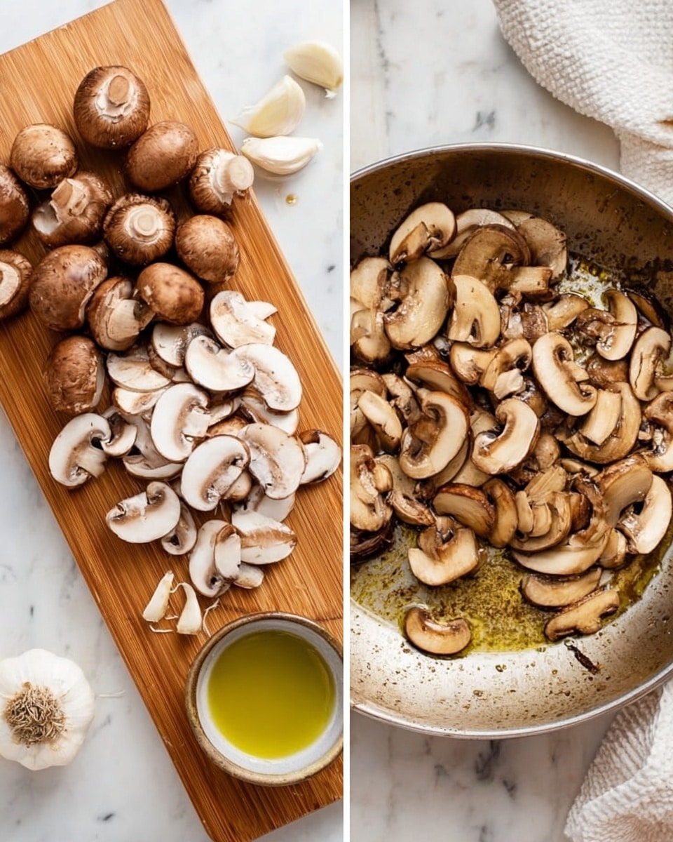 The image shows two side-by-side pictures: on the left, whole and sliced brown mushrooms are placed on a long wooden board, with some garlic cloves next to it and a small bowl with green oil at the bottom corner; on the right, curved sliced mushrooms are cooking in a metal pan with some spots of oil, all set on a white marbled surface with part of a white dish towel visible in the top corner. photo taken with an iphone --ar 4:5 --v 7
