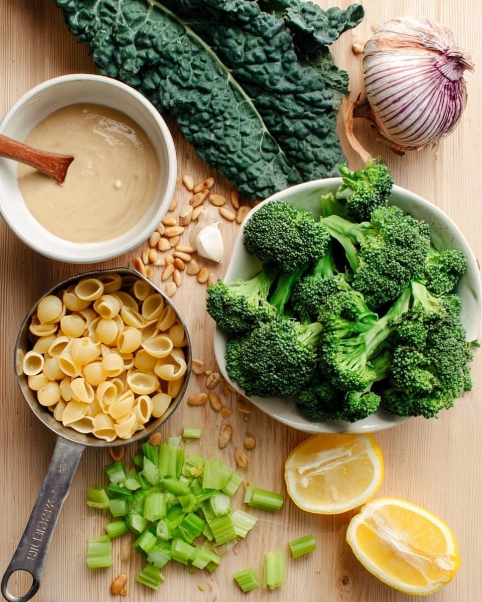 The image shows fresh green broccoli florets placed in a white bowl on the right side, with some broccoli pieces scattered around it. Above the broccoli are a few pine nuts and a whole garlic bulb with purple stripes. On the left side, there is a yellow onion resting on a bunch of dark green leafy kale. Below the kale, a metal measuring cup is filled with yellow pasta shells. Next to the measuring cup is a heap of chopped celery stalks. On the bottom right, there are two lemon halves with a bright yellow color. At the top left, a white bowl contains a creamy beige sauce, with a wooden spoon resting inside the bowl. All these items are arranged on a light wooden surface. Photo taken with an iphone --ar 4:5 --v 7