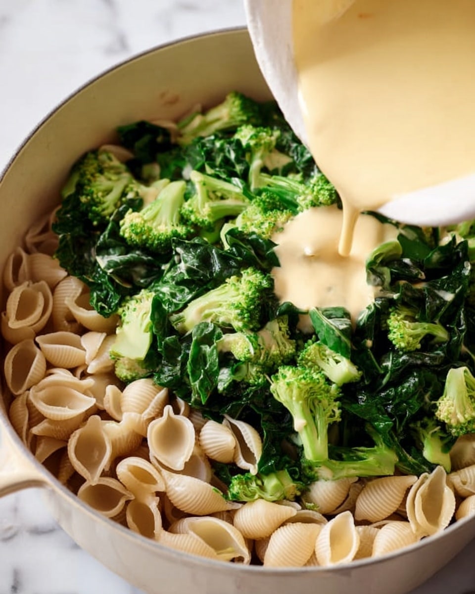 The image shows a close-up of a pot filled with three layers of food: the bottom layer has small shell pasta in a light beige color, the middle layer is made up of bright green broccoli florets scattered evenly, and the top layer has dark green leafy vegetables mixed throughout. A creamy light yellow sauce is being poured from a white bowl into the pot, partially covering the pasta and vegetables. The background is a white marbled surface. Photo taken with an iphone --ar 4:5 --v 7