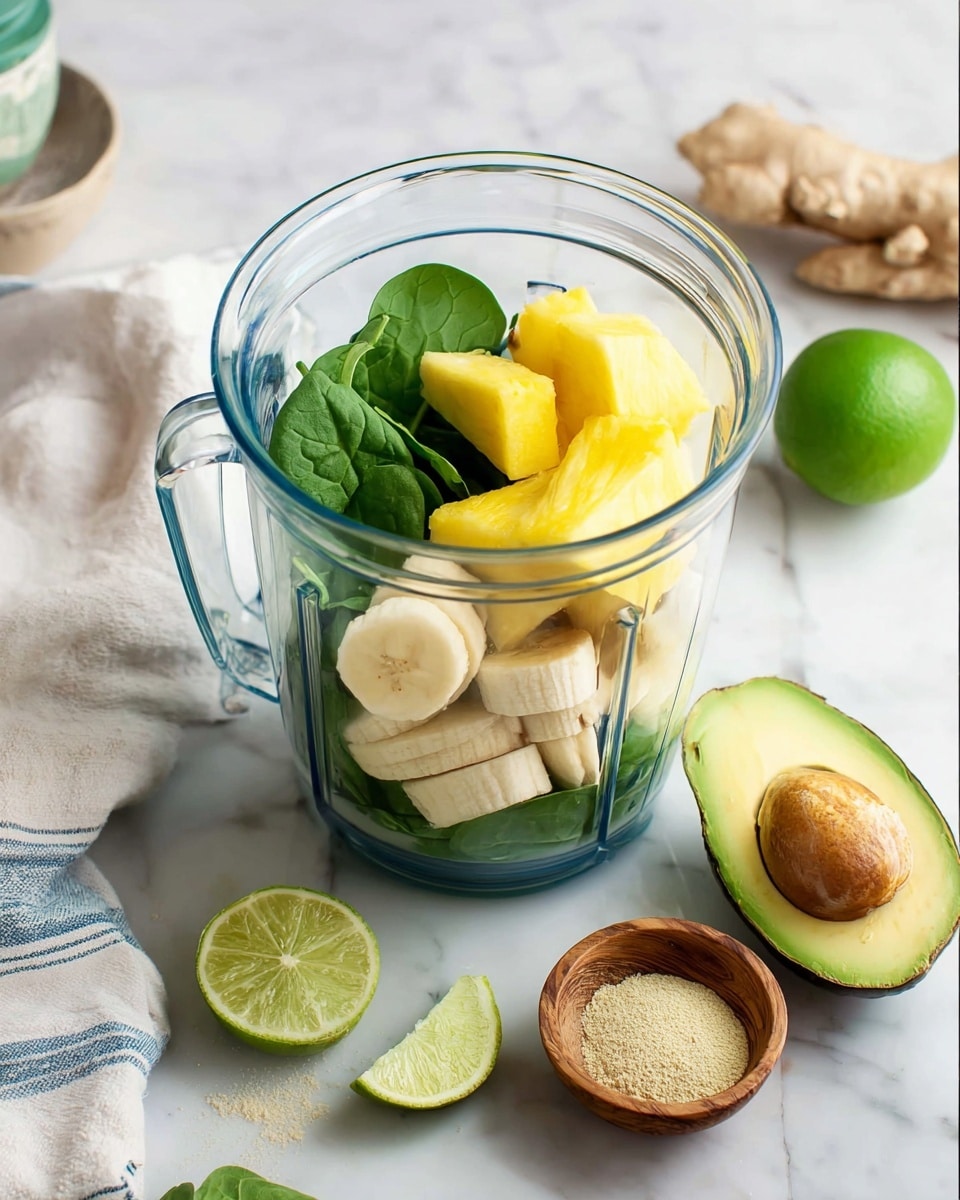 A clear blender jar is filled with layers of fruit and greens. The bottom layer shows peeled banana pieces in soft cream color. On top, bright yellow pineapple chunks sit beside a smooth green half avocado with bright spinach leaves scattered around it. The blender rests on a white marbled surface, near a white cloth with blue stripes, a green lime both whole and halved, and a small wooden bowl containing a light brown powder. photo taken with an iphone --ar 4:5 --v 7