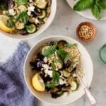 Zucchini Lemon Orzo with Grilled Eggplant, Feta, and Herbs Recipe