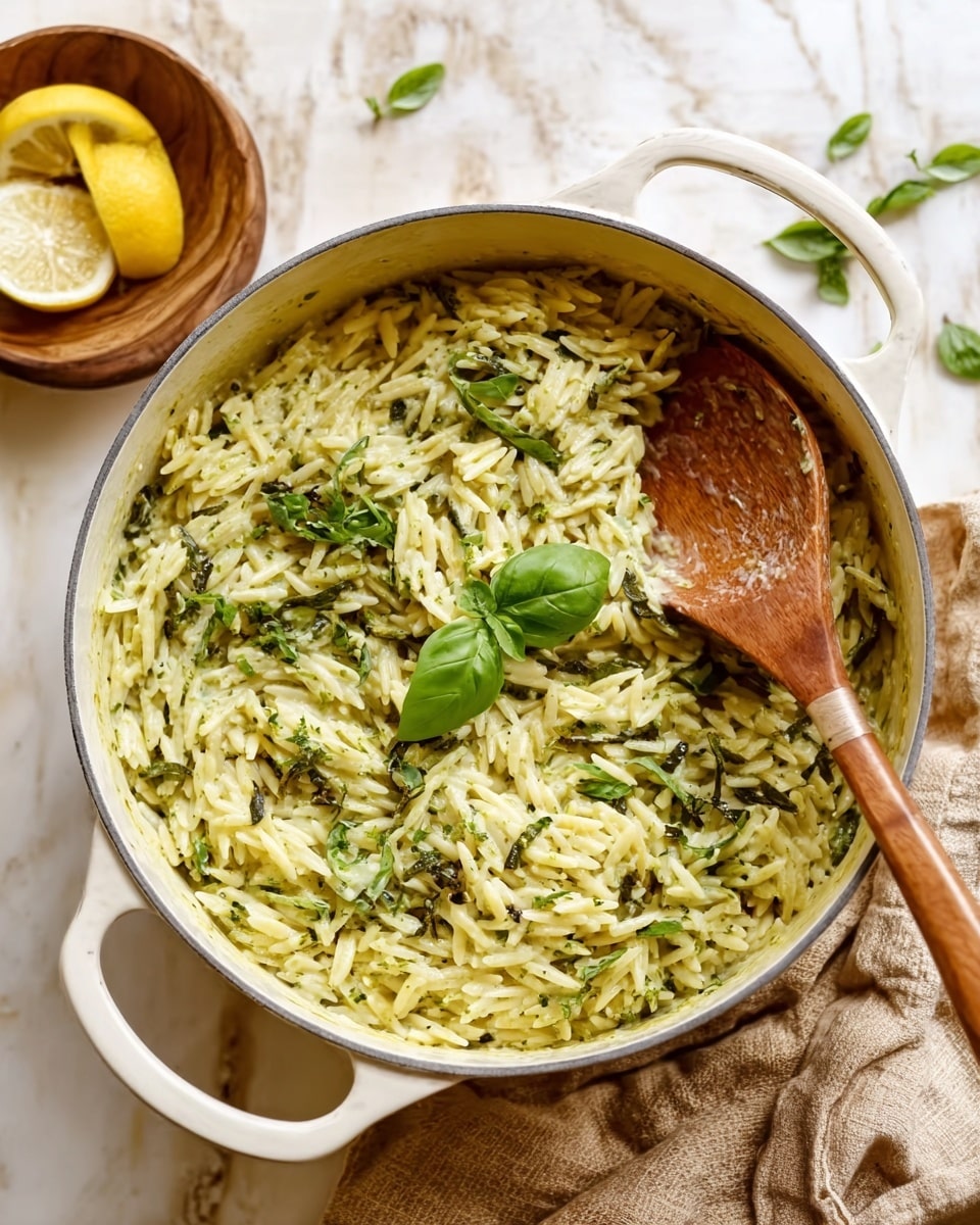A round white pot filled with a creamy pasta dish, showing about three layers: the bottom layer is pasta coated with a light green sauce, the middle layer has fresh green herbs mixed evenly, and the top layer is garnished with whole basil leaves and small parsley sprigs. A wooden spoon rests inside the pot on the right side, hinting at the creamy texture of the pasta. The pot is placed on a white marbled surface, and a beige cloth napkin along with a wooden bowl of lemon wedges and a small bunch of basil can be seen faintly in the background. Photo taken with an iphone --ar 4:5 --v 7
