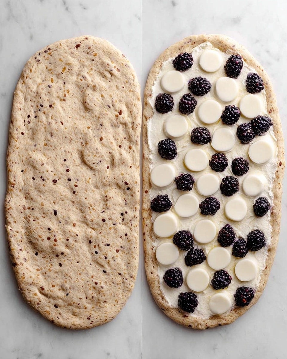 The image shows two side-by-side views of a flat oval bread dough on a white marbled surface. On the left side, the dough is plain with a slightly rough texture and small brown seeds visible throughout. On the right side, the dough is topped with two layers: the first layer is round white slices of what looks like cheese spread evenly across the surface, and the second layer sits on top with small clusters of dark purple-blackberries scattered evenly between the cheese slices. Photo taken with an iphone --ar 4:5 --v 7