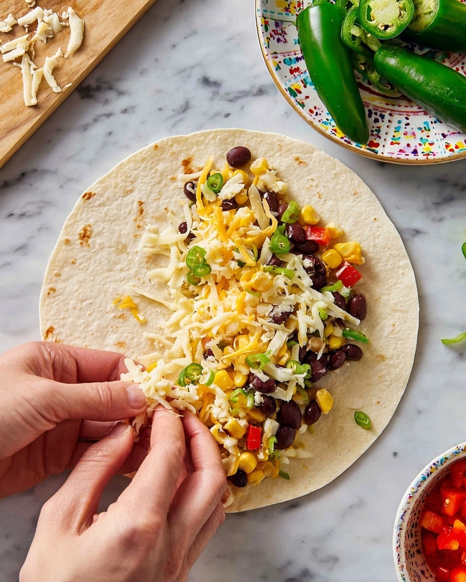 A soft, light beige tortilla lies flat on a white marbled surface. On the right half of the tortilla, there are several layers of toppings: first, a mixed layer of shredded yellow and white cheese with a soft, stringy texture; next, small dark brown beans scattered over the cheese; bright yellow corn kernels adding a pop of color; diced small red bell pepper pieces providing a fresh look; thin green slices of jalapeño scattered throughout; and a few small, chopped green onion rings mixed in. A woman's hand is gently pinching a small pile of shredded cheese near the bottom left side of the tortilla, preparing to add more to the wrap. In the background on the upper right, there is part of a white bowl with more diced red bell peppers and on a white plate with colorful patterns, two large green jalapeños and several round jalapeño slices. Photo taken with an iphone --ar 4:5 --v 7