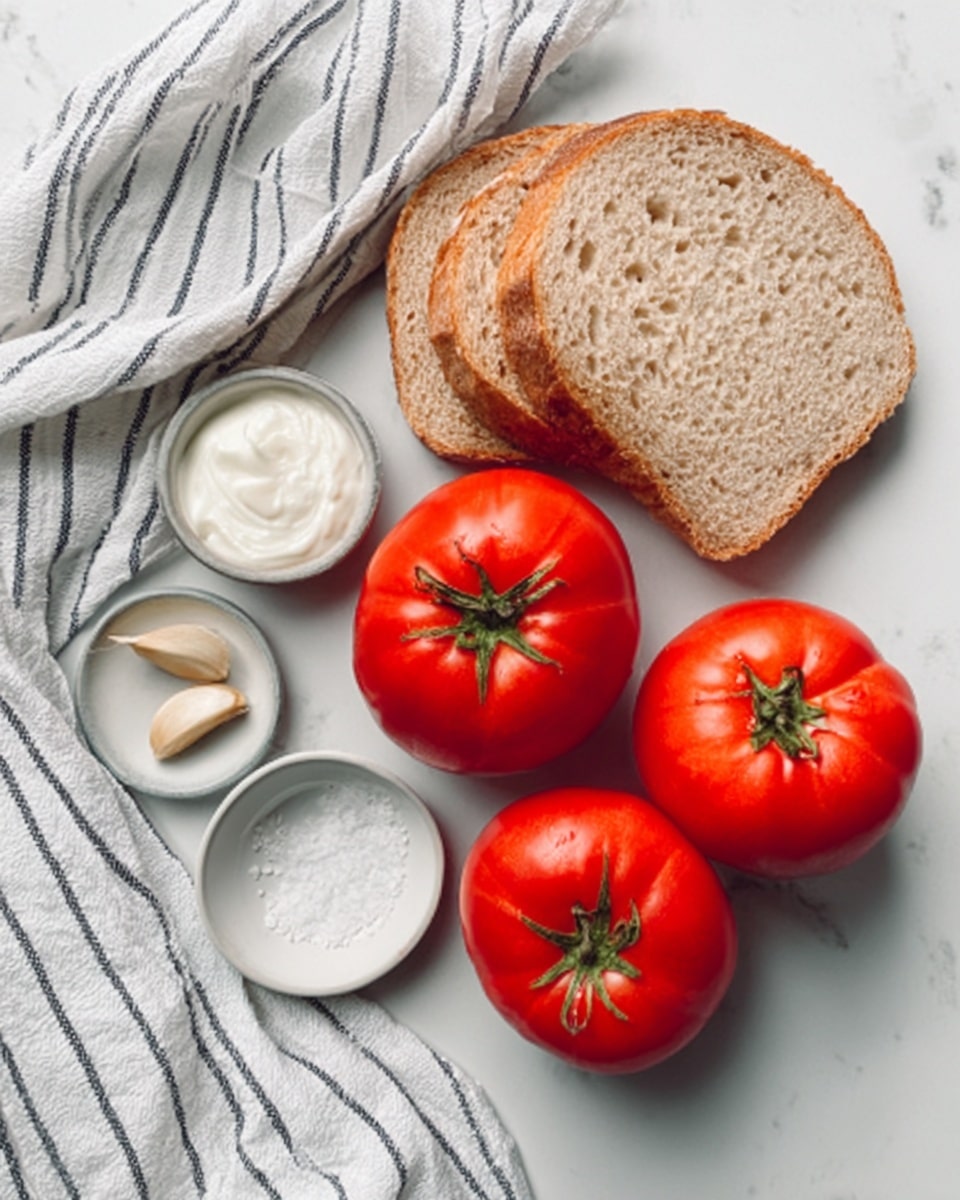 The image shows three bright red tomatoes with green tops placed on a white marbled surface next to a white cloth with dark stripes. Above the tomatoes, there is a thick slice of light brown bread with a rough texture. To the left of the tomatoes are three small white bowls: one containing white creamy sauce, one with two garlic cloves, and one with coarse white salt. The colors are fresh and natural, and everything is arranged neatly. Photo taken with an iphone --ar 4:5 --v 7