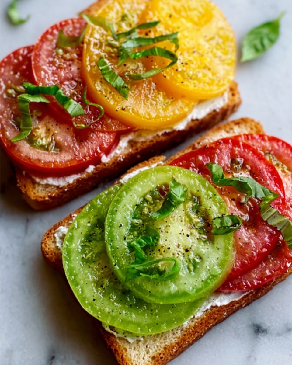 The image shows two slices of toasted bread topped with three thick slices of colorful tomatoes, arranged side by side. Each slice has a layer of white spread underneath the tomatoes. The tomatoes are red, yellow, and green, and they look juicy with tiny seeds visible. Fresh green basil leaves are placed on top of the tomatoes, adding a pop of color and freshness. The toast is on a white marbled surface. photo taken with an iphone --ar 4:5 --v 7