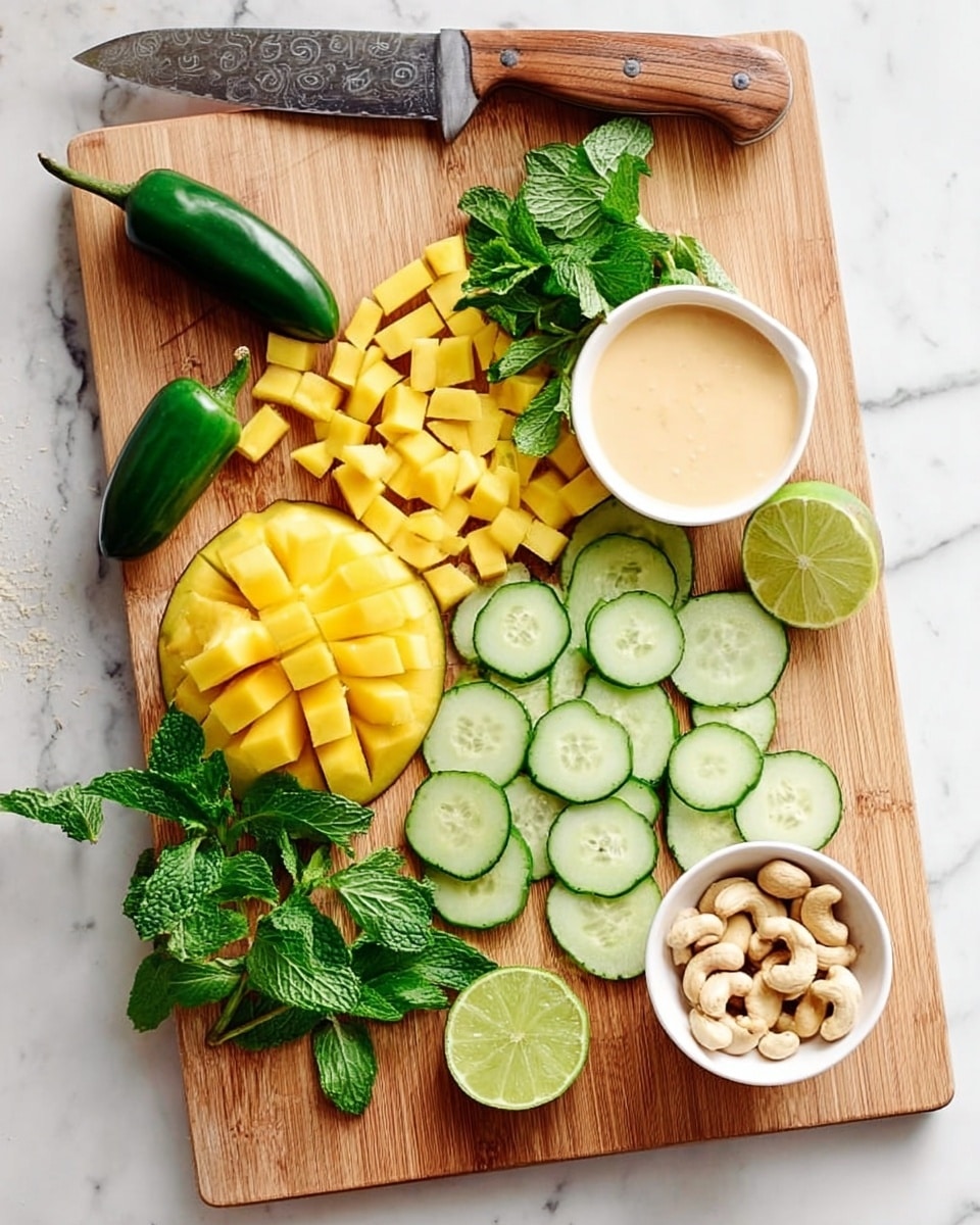 A wooden cutting board rests on a white marbled surface, filled with fresh ingredients arranged neatly. On the bottom left, a whole green jalapeño sits next to a half mango scored with neat lines and next to small diced bright yellow mango pieces. To the right of the mango, many thin round slices of light green cucumber form a small pile. Scattered fresh dark green mint leaves are placed throughout the board. Near the top center, a white bowl contains a creamy light beige sauce, and next to it on the right, a small white bowl holds whole cashew nuts. A halved lime with a light green inside is also positioned near the bowls. A large knife with a wooden handle lies diagonally at the top left of the board. Photo taken with an iphone --ar 4:5 --v 7