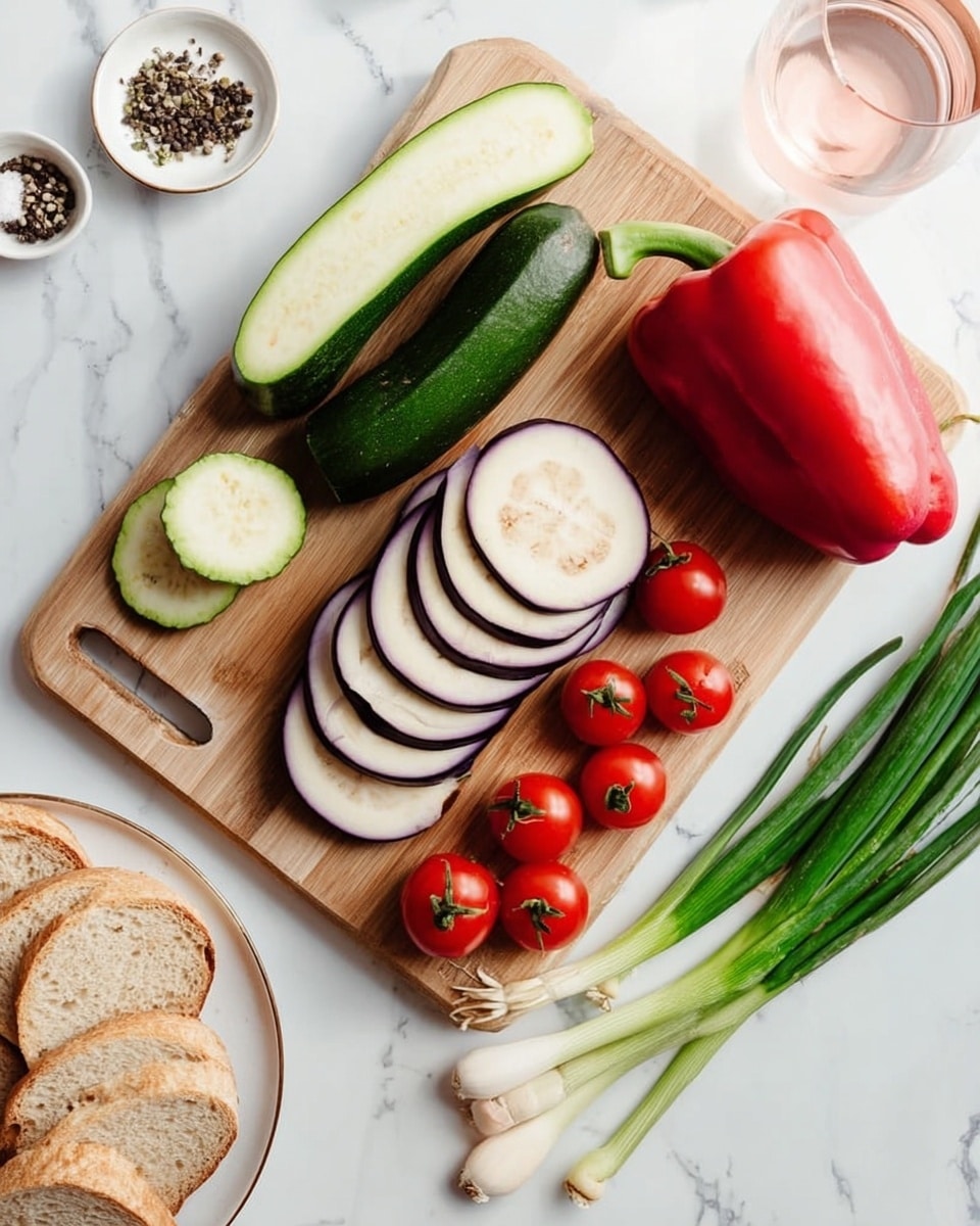 The image shows a wooden cutting board on a white marbled surface. On the board, there are two halves of a green zucchini on the top, followed by a stack of round purple eggplant slices with light cream centers in the middle. To the right of the eggplant, there is a whole red bell pepper and a bunch of long green onions with white ends. To the right side of the board, bright red cherry tomatoes on the vine lie on the marbled surface. At the bottom left, there is a white plate with four slices of light brown bread, and above the plate is a small white dish with mixed black and white pepper. A glass of light pink liquid is partly visible at the top right. photo taken with an iphone --ar 4:5 --v 7