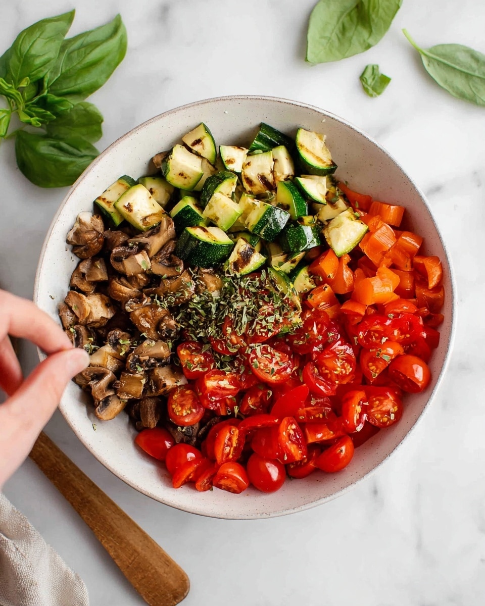 A white bowl filled with four main layers of chopped vegetables: bright red cherry tomatoes sliced in half on the right, orange-red bell pepper pieces below them, green zucchini chunks with grill marks at the top, and small pieces of grilled mushrooms and green onions on the left. Dried herbs are sprinkled evenly over all vegetables. A woman's hand is seen in the foreground sprinkling herbs. The bowl sits on a white marbled surface with a few green leaves and a wooden spoon nearby. Photo taken with an iphone --ar 4:5 --v 7
