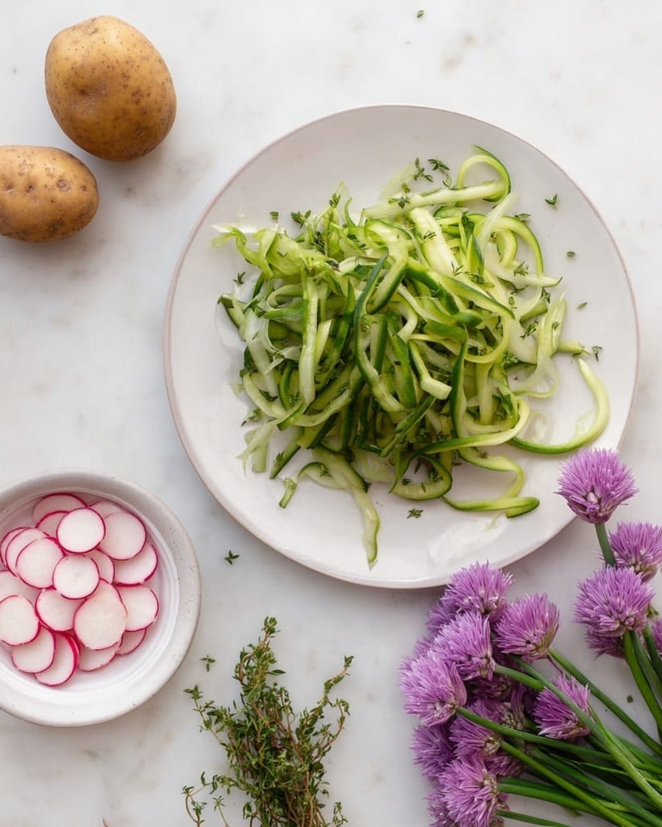 A white plate holds a pile of thin, curly green asparagus ribbons with visible stalk tips, arranged loosely in the center. To the left of the plate, there are three small round brown potatoes and a white bowl filled with thin, pale pink radish slices. Below the bowl are small sprigs of fresh green thyme with tiny leaves. At the bottom right, a bunch of purple chive flowers with long green stems lies on the white marbled surface, adding a vibrant touch of color. The whole scene is set on a white marbled background. photo taken with an iphone --ar 4:5 --v 7