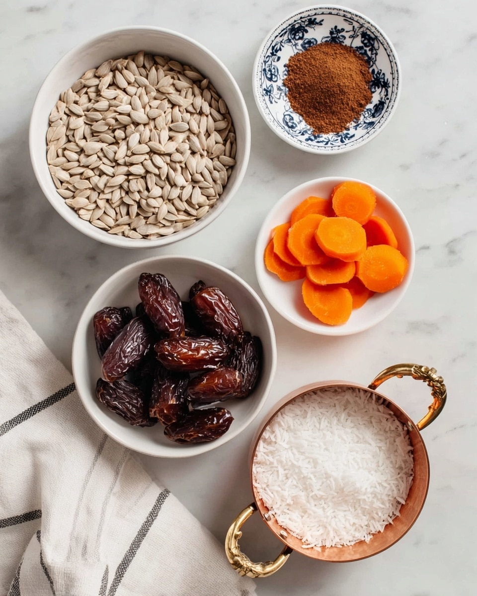 The image shows five bowls with different ingredients on a white marbled surface. The largest bowl on the left holds many pale beige sunflower seeds with a smooth texture. Below it is a medium white bowl filled with shiny, dark brown dates that have a slightly wrinkled skin. To the right, a white bowl contains bright orange carrot slices, smooth and rounded. Above it is a small white bowl with blue floral patterns holding a mound of dark brown cinnamon powder with a fine texture. Near the bottom right corner is a small round copper container with two gold handles, filled with white shredded coconut that has a fluffy texture. There is also a light-colored cloth with small black stripes partially visible below the copper container. photo taken with an iphone --ar 4:5 --v 7