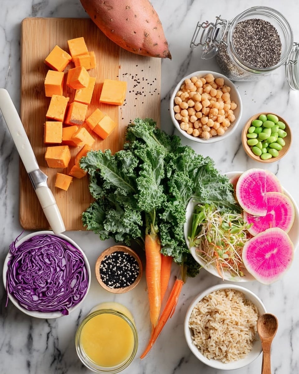 The image shows various fresh and healthy ingredients arranged on a white marbled surface. On the left, there is a wooden cutting board with orange sweet potato cubes, a whole sweet potato, and a knife with a white handle. To the bottom left of the board, there are thinly sliced purple cabbage layers. Above the cutting board, there is a glass jar with black quinoa and a wooden scoop inside. Towards the center, there are colorful carrots with green tops, a large bunch of dark green kale leaves, and three slices of pink watermelon radish with white edges placed near the kale. Surrounding these, there are white bowls filled with chickpeas, cooked brown rice with a wooden spoon, and green edamame beans. There is also a small wooden bowl holding black and white sesame seeds, a jar with light yellow grated cheese, and a small glass bowl filled with a smooth yellow sauce with a spoon resting inside. The scene is bright and clean. Photo taken with an iphone --ar 4:5 --v 7