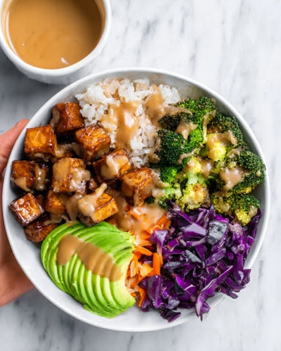 A white bowl is filled with several layers of food placed side by side. One section has small, brown, sauce-covered tofu cubes. Next to it is a serving of white rice mixed with tiny bits of orange, likely carrot. Another part has bright green broccoli florets, and beside it are vibrant purple cabbage pieces. On top of some layers, there are thin slices of green avocado. The whole bowl is drizzled with a smooth, light brown sauce. A white cup with more sauce is placed above the bowl, and a woman's hand holds the bowl from the left side. All items rest on a white marbled surface. photo taken with an iphone --ar 4:5 --v 7