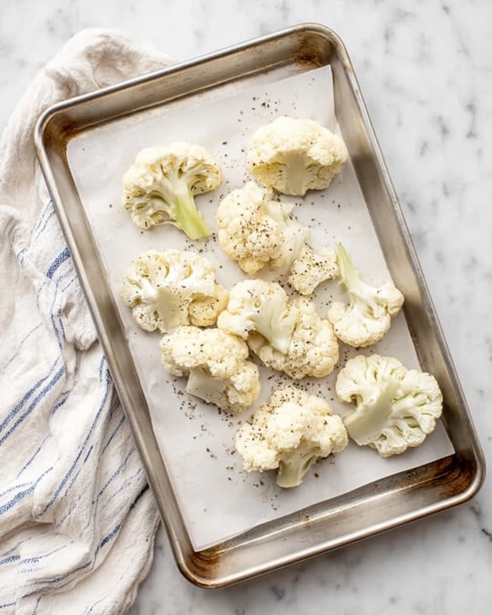 The image shows a baking tray lined with white parchment paper, placed on a white marbled surface. On the tray, there are several pieces of cauliflower, each a creamy white color with a slightly greenish tint near the stems, arranged loosely and sprinkled with black pepper. Next to the tray, on the white marbled surface, lies a white cloth with thin blue stripes. The overall scene looks clean and simple, with natural lighting highlighting the texture of the cauliflower and the smooth metal tray. Photo taken with an iphone --ar 4:5 --v 7