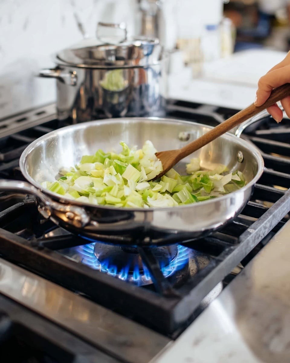A shiny silver frying pan sits on a gas stove with a blue flame under it. Inside the pan are chopped light green and white pieces of leek, spread evenly across the base. A woman's hand is stirring the pan with a wooden spoon above it. In the background, there is a shiny silver pot on another burner. The stove and surrounding area have a clean white marbled texture. photo taken with an iphone --ar 4:5 --v 7