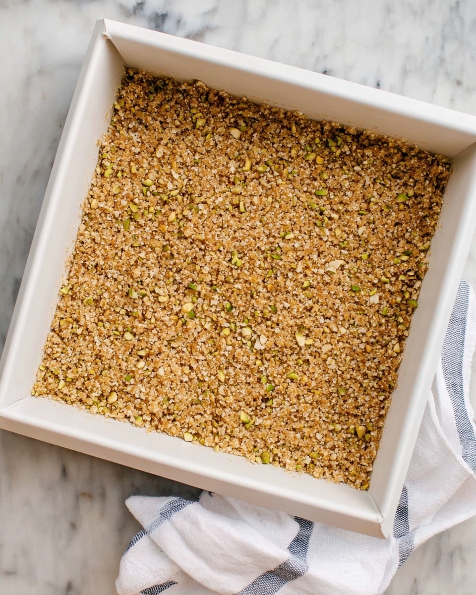 A white square baking pan filled with a single smooth layer of light brown crumbly mixture that has small bits of green and yellow visible, indicating nuts or seeds. The pan is placed on a white marbled surface, and a white cloth with thin blue stripes is partly visible on the right side. The mixture looks evenly pressed down and textured with tiny pieces throughout, filling the pan completely photo taken with an iphone --ar 4:5 --v 7