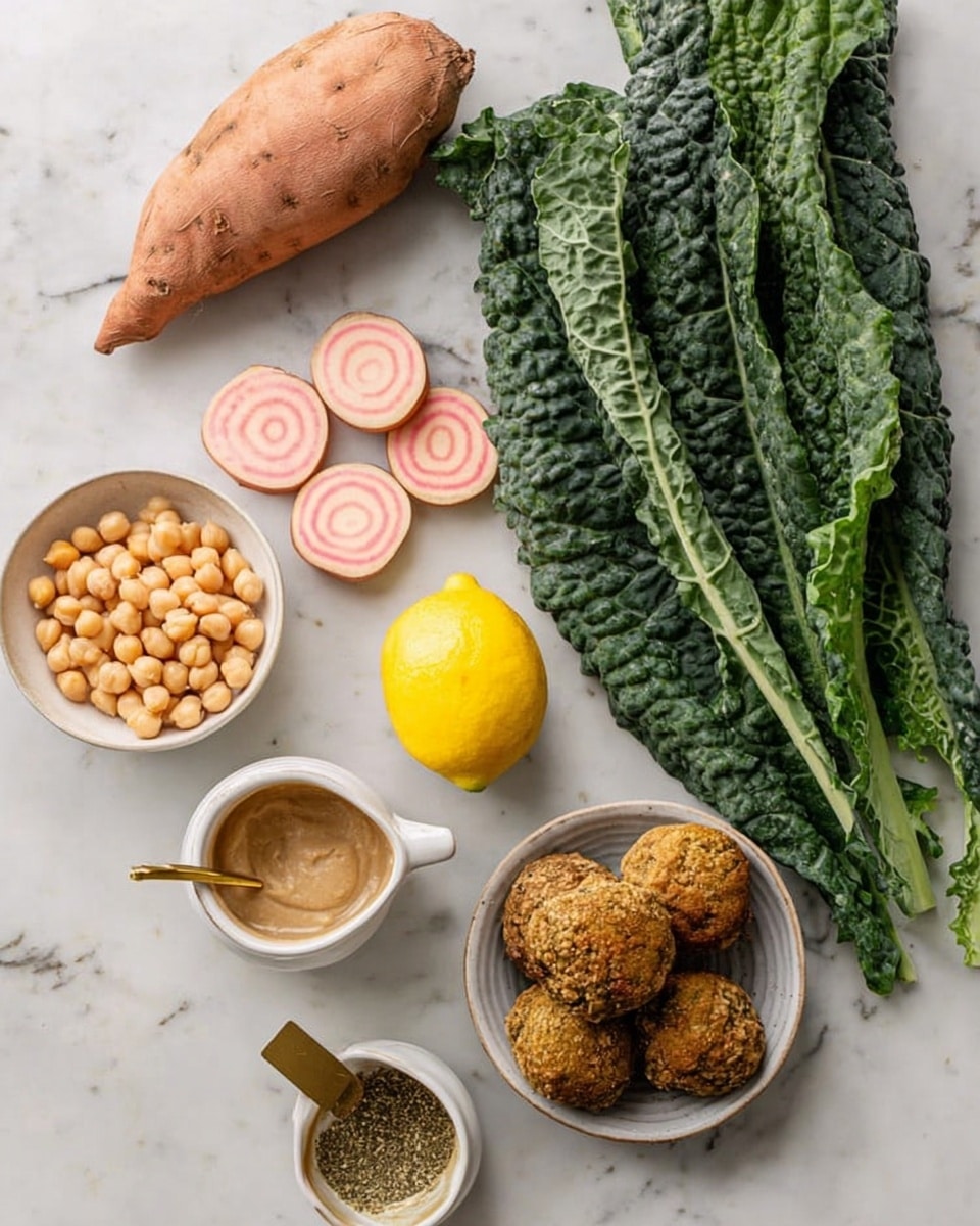 The image shows several fresh ingredients arranged on a white marbled surface. On the top right, large dark green kale leaves with a crinkled texture lay spread out. To the left of the kale are three round slices of pink and white striped root vegetable. A whole sweet potato with a smooth orange skin sits near the left edge. In the center, a white bowl holds light beige chickpeas. Below the bowl is a yellow lemon with a smooth, slightly dimpled peel. To the right of the lemon, there is a small white bowl filled with four golden-brown falafel balls. Next to the falafel is a small glass jar with a light brown creamy sauce, with a spoon resting inside. In front of the jar is a small white cup with a gold-colored handle filled with a greenish-brown seasoning or spice mix. photo taken with an iphone --ar 4:5 --v 7