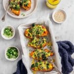 Twice Baked Sweet Potatoes with Broccoli, Cashew Cream, and Hemp Seeds Recipe