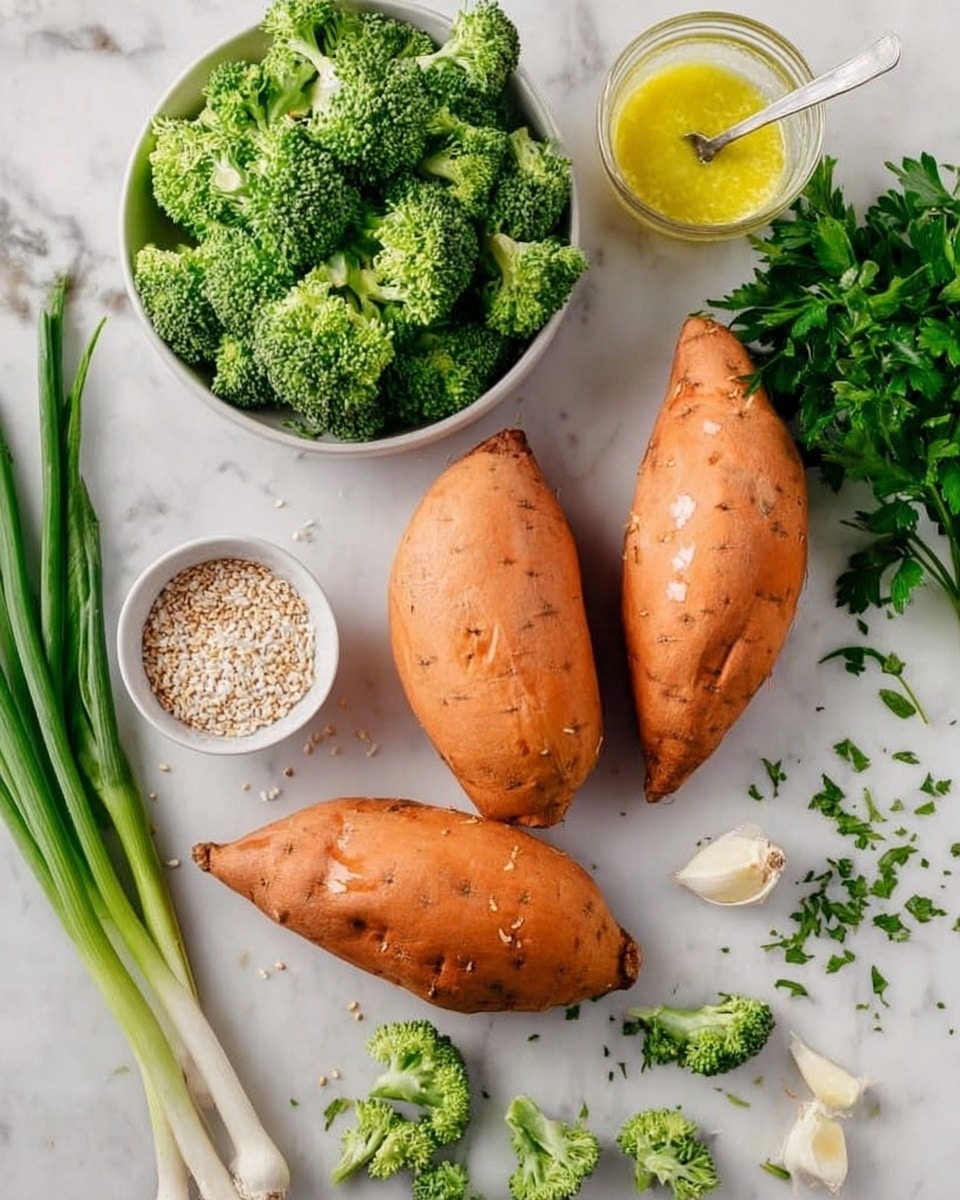 The image shows three large orange sweet potatoes placed on a white marbled surface, surrounded by fresh green broccoli florets in a white bowl, a bunch of leafy parsley on the right, two green onions on the left, and a small white bowl filled with seeds or grains near the center. There is also a glass bowl with a yellow sauce and a spoon inside it, and a small glass jar with some yellow liquid beside it. A few scattered pieces of garlic and loose broccoli pieces spread across the surface add detail. photo taken with an iphone --ar 4:5 --v 7