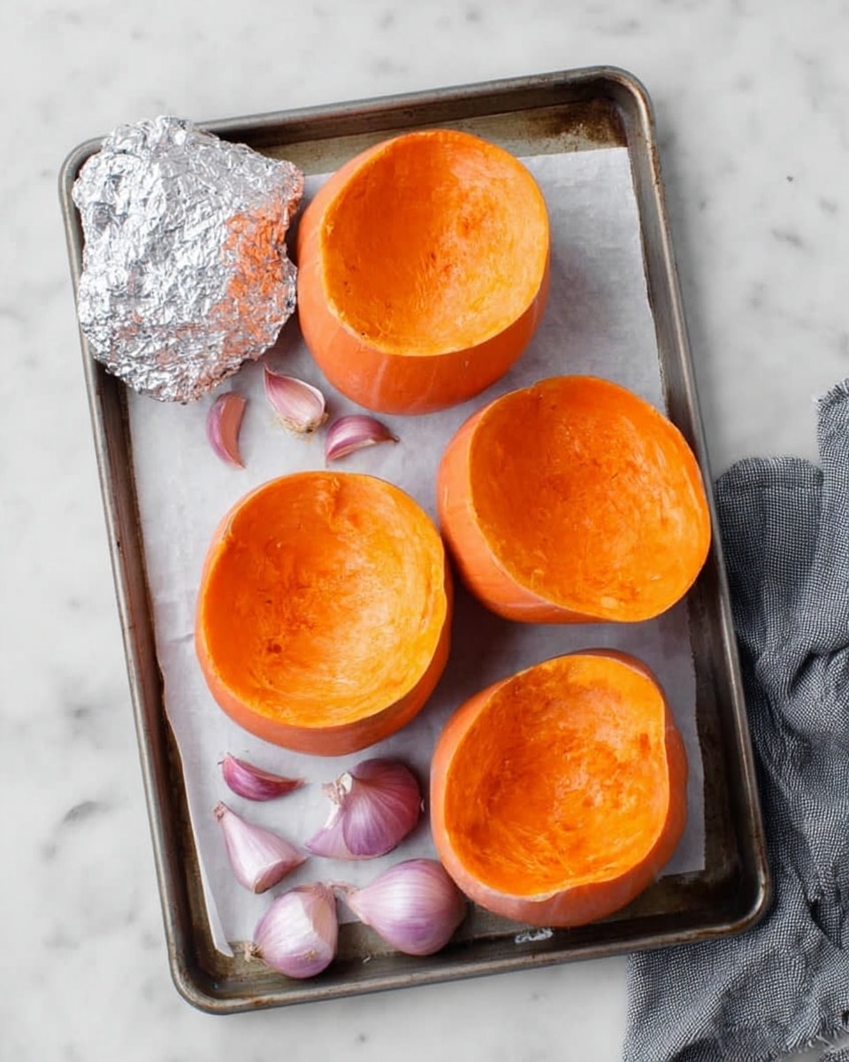 The image shows a baking tray lined with white parchment paper on a white marbled surface. On the tray, there are four large orange pumpkin halves arranged with their cut sides facing slightly inward, showing a smooth, slightly shiny texture. Next to the pumpkins are three small whole shallots with light purple and white skins, and a small piece of garlic wrapped in shiny foil placed towards the top left corner of the tray. The overall color palette includes bright orange from the pumpkin, light purple from the shallots, and the metallic silver of the foil. The setting includes part of a gray cloth seen at the bottom right corner. Photo taken with an iphone --ar 4:5 --v 7
