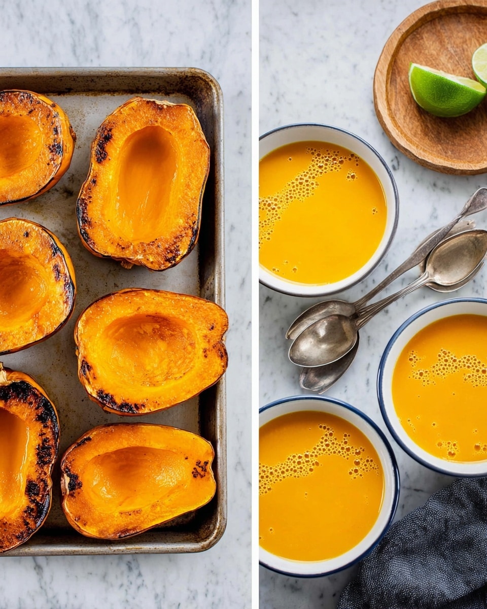 The image shows two side-by-side photos with a white marbled surface background. On the left, there is a silver baking tray holding four halves of roasted squash, each with a bright orange, soft inside and some dark brown charred spots on the edges and surface. The squash are arranged in a loose square shape. On the right side, five white bowls filled with smooth, bright orange soup are arranged in a scattered pattern. One bowl has a thin navy blue rim. A small wooden plate with a green lime wedge sits near the top left bowl. Two silver spoons and a dark gray cloth napkin are on the right side of the image. The soup in each bowl looks creamy with tiny bubbles on the surface. photo taken with an iphone --ar 4:5 --v 7
