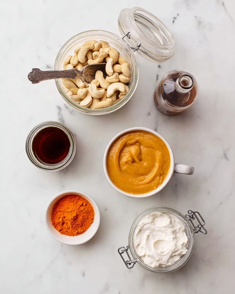 The image shows five containers arranged on a white marbled surface. At the top left, there is a glass jar with an open lid, filled with light beige cashew nuts, and a metal scoop resting inside. To the right of the jar, there is a small clear glass bottle filled with a dark brown liquid. Below the jar, near the bottom left, is a small glass jar filled with bright orange powder. In the center, there is a white cup filled with thick, smooth pumpkin-colored puree. At the bottom center, there is a white bowl containing a fluffy white cream-like substance. Finally, to the bottom right, there is a clear glass bottle with a metal clasp containing a light grayish liquid, with the top open. photo taken with an iphone --ar 4:5 --v 7