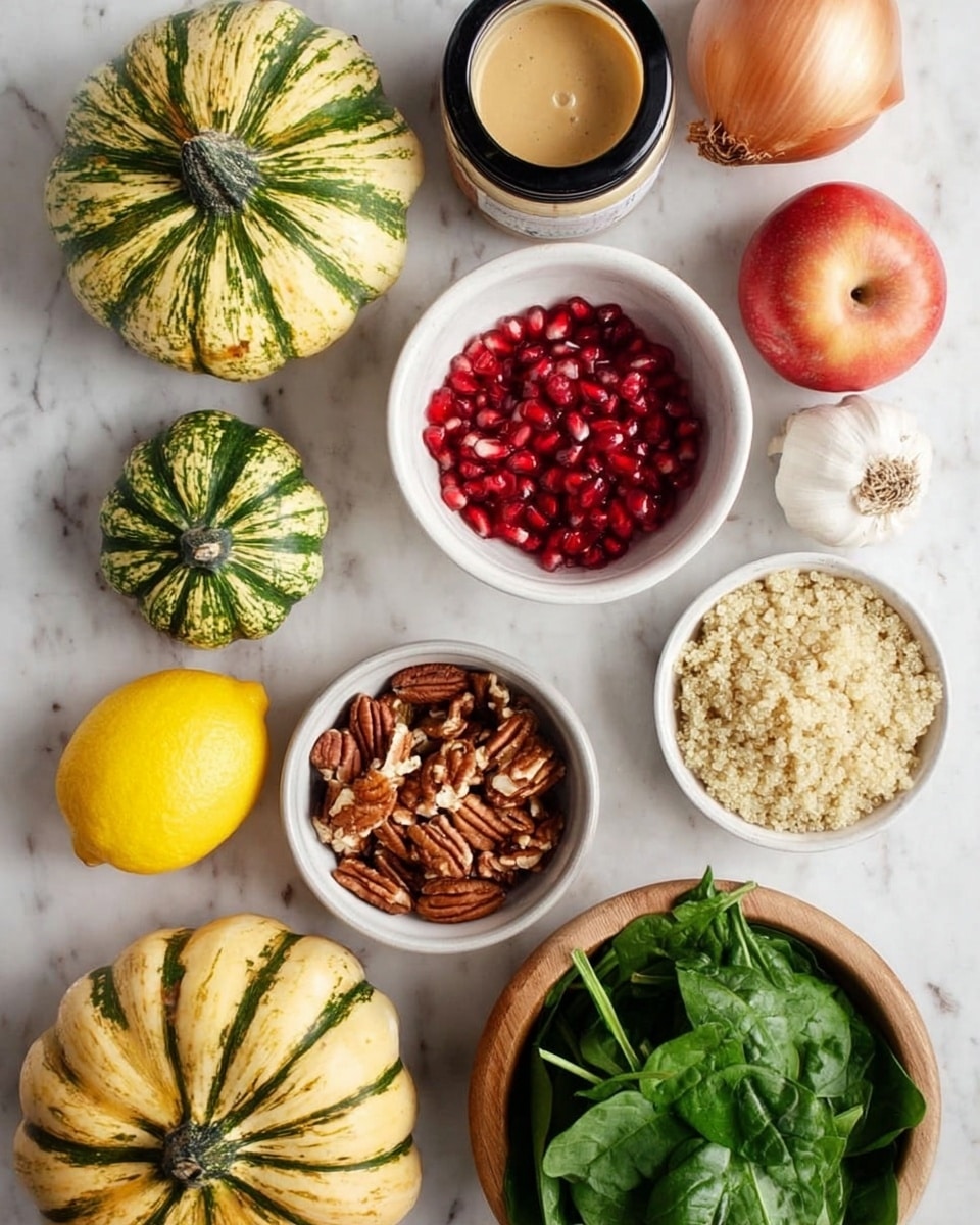 The image shows a white marbled surface with various fresh ingredients arranged neatly. There are three small pumpkins with green and yellow stripes placed on the left side, while a white bowl filled with bright red pomegranate seeds and another white bowl full of chopped pecans are centered. A wooden bowl holds fresh green spinach leaves on the lower right, next to a bowl of cooked quinoa with a light beige color. At the top, a jar of light brown creamy dressing sits open, with its black lid nearby. Surrounding the jars and bowls are a bright yellow lemon, an orange-red apple, a garlic bulb, and a small onion. The overall setup is clean and colorful, showing a variety of textures and fresh ingredients. photo taken with an iphone --ar 4:5 --v 7