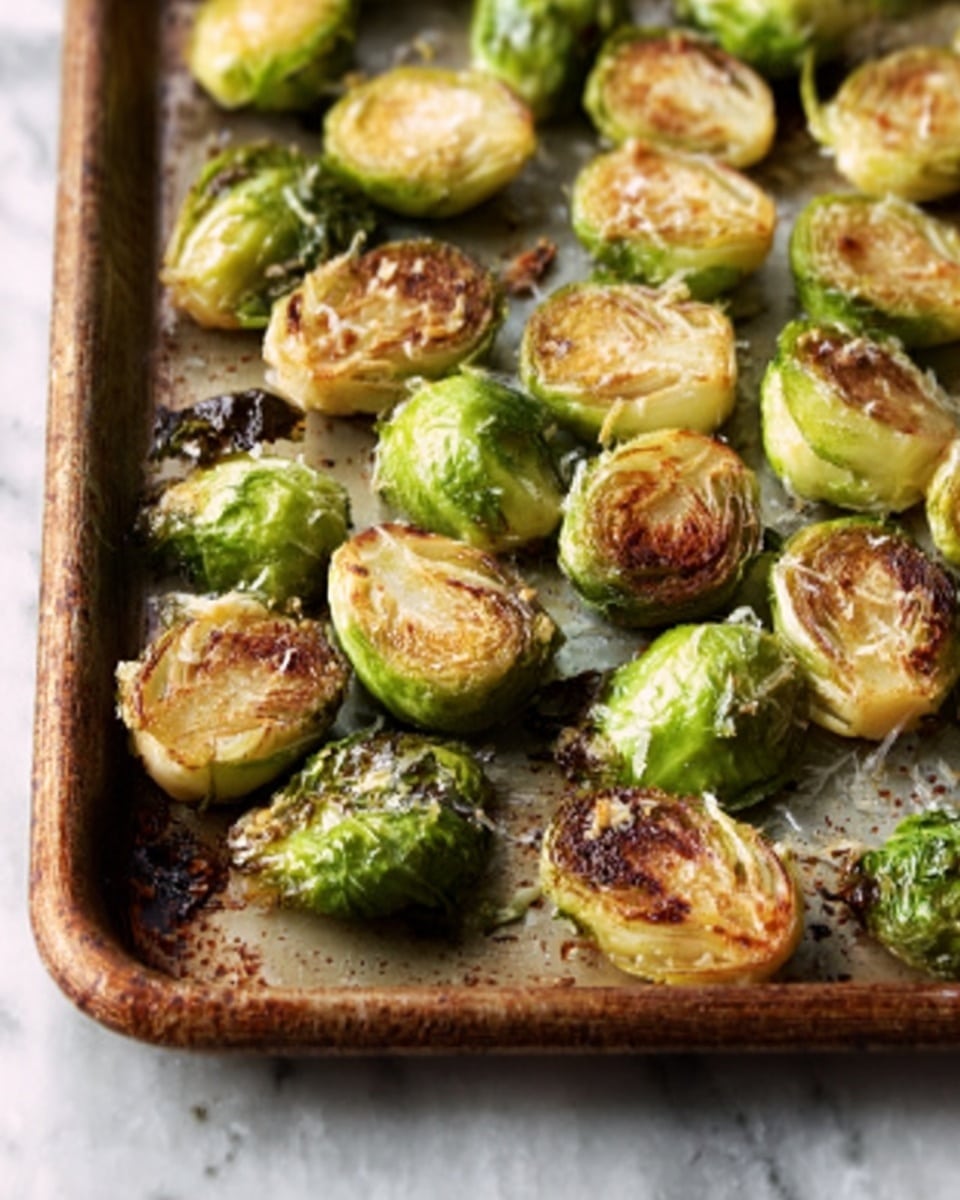 A baking tray filled with whole and halved green Brussels sprouts and thick slices of purple-red onion, all spread out evenly on a sheet of white parchment paper; the Brussels sprouts have a fresh, glossy texture with some light browning, while the onion slices show a smooth, slightly translucent surface with darker edges; the tray has a well-used, metallic look with slight discoloration around the edges; all is placed on a white marbled surface. photo taken with an iphone --ar 4:5 --v 7