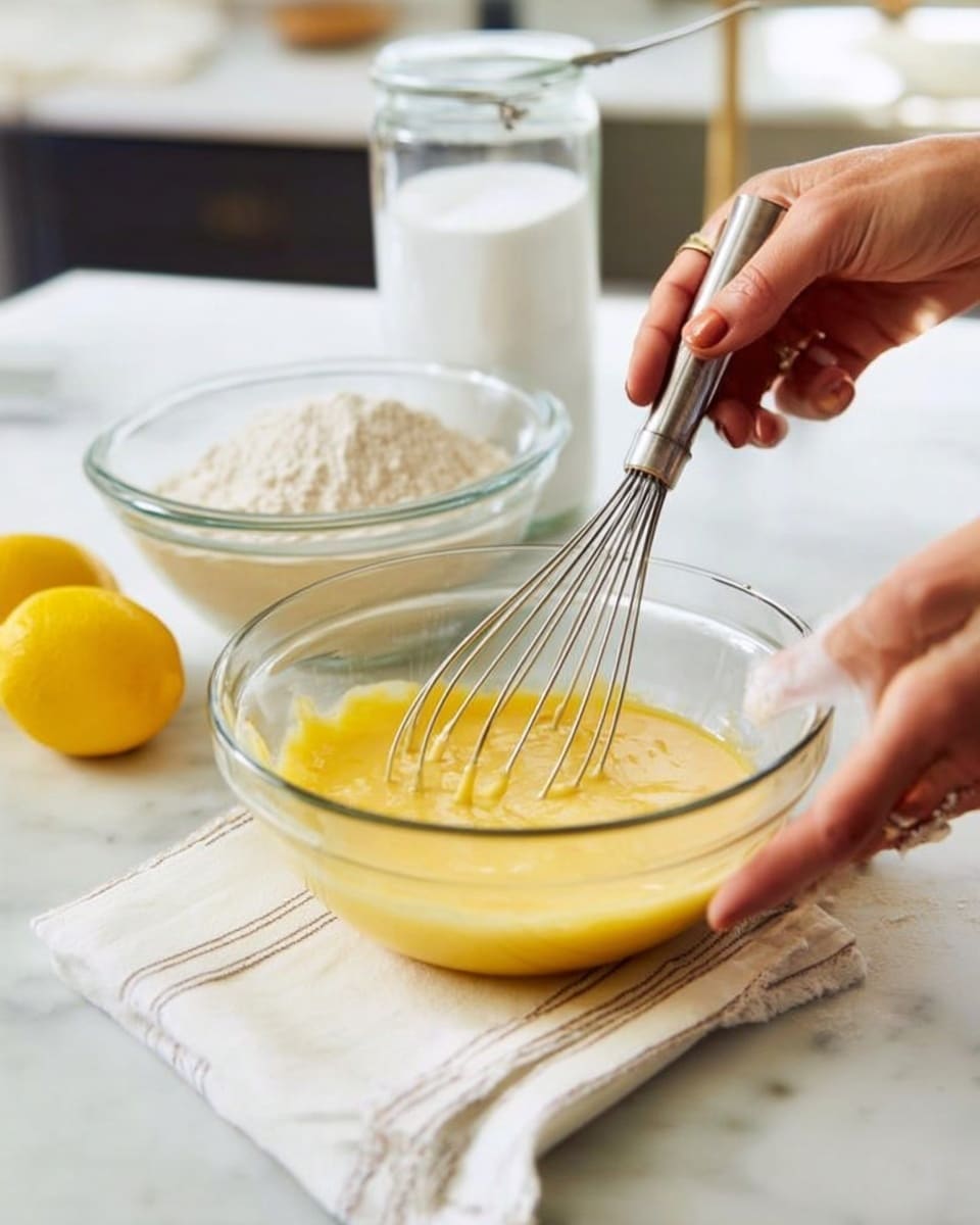 A clear glass bowl is placed on a white marbled surface, filled with a smooth yellow mixture being whisked by a woman's hand holding a metal whisk, while her other hand steadies the bowl; behind it, there is another clear glass bowl containing beige flour, a whole yellow lemon, and a tall glass jar with white powder, all against a blurred background with a white cloth and kitchen sink visible. photo taken with an iphone --ar 4:5 --v 7