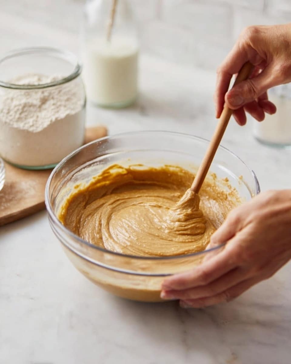 A clear glass bowl sits on a white marbled surface, filled with thick, smooth light brown batter. A woman's hand holds the bowl steady while the other woman's hand stirs the batter with a wooden spoon, creating gentle swirls on the surface. In the background, a glass jar filled with flour and a small glass of milk are slightly out of focus. The scene has a clean and bright look, showing a simple baking preparation moment. photo taken with an iphone --ar 4:5 --v 7