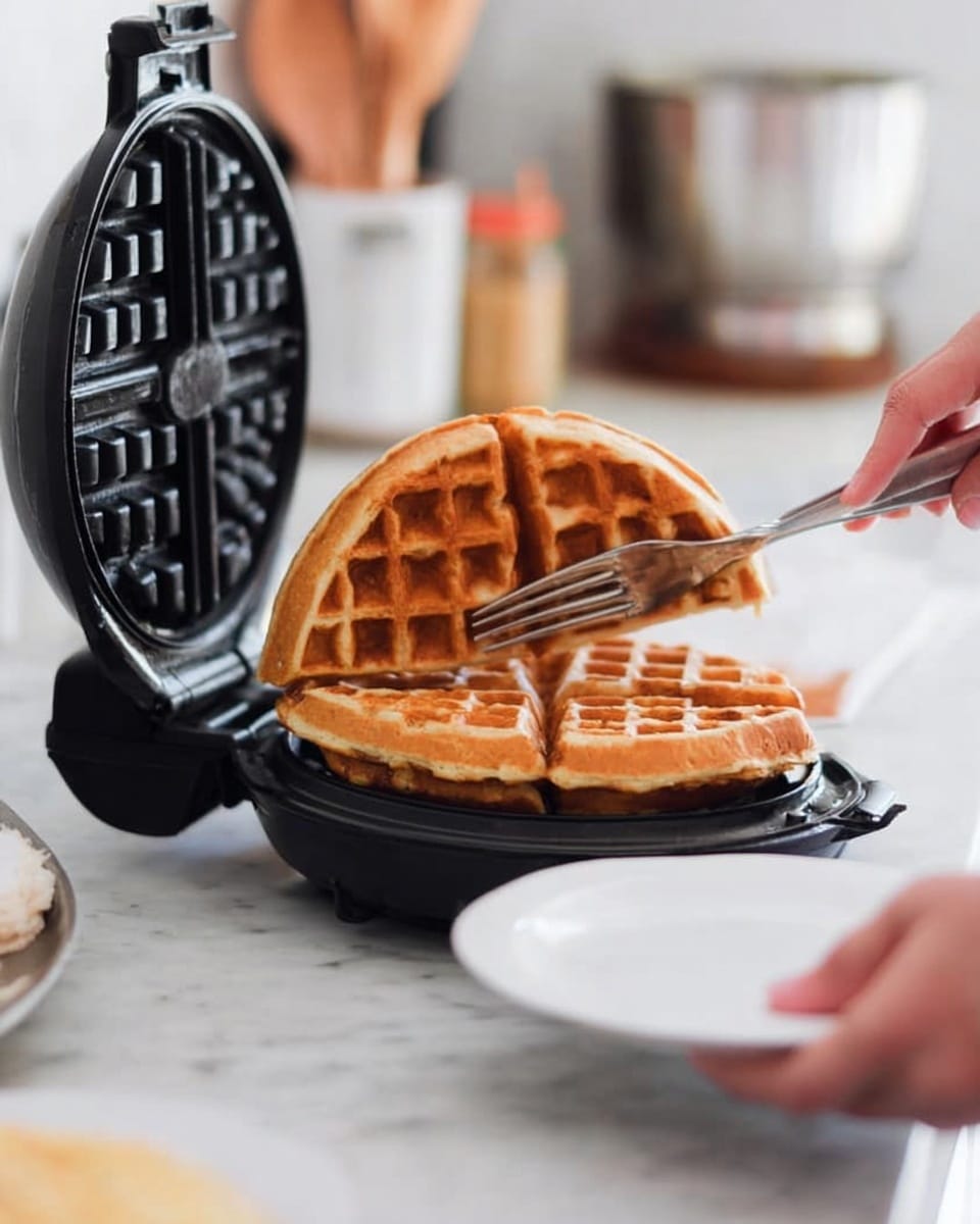 A golden-brown waffle with a crisp texture is being lifted from a black waffle maker by a woman's hand holding a fork on the right side. The waffle maker is open, showing its dark grid surface underneath the waffle. The setting is on a white marbled countertop, with a clean white plate held by another woman's hand at the bottom right corner. In the background, there is a blurred container with batter and kitchen items, giving a warm, homey kitchen feel. photo taken with an iphone --ar 4:5 --v 7