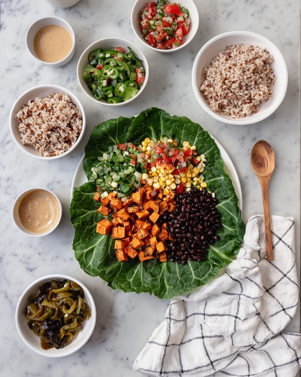 A large dark green leafy vegetable laid flat on a white plate forms the base layer; on top, a mix of small diced orange sweet potatoes with slightly browned edges, black beans, brown rice, small green bell pepper strips, charred onions, yellow corn kernels, and diced red tomatoes are scattered in an even spread, creating a colorful, textured mix of ingredients. Surrounding the plate are six smaller white bowls, each containing one of the ingredients: fluffy brown rice, cooked black beans, roasted cubed sweet potatoes, grilled green peppers and onions, a fresh tomato and corn salsa with a small wooden spoon, and a creamy light brown sauce with a spoon inside. A white cloth with a black check pattern is on the right side, all set on a white marbled surface. photo taken with an iphone --ar 4:5 --v 7