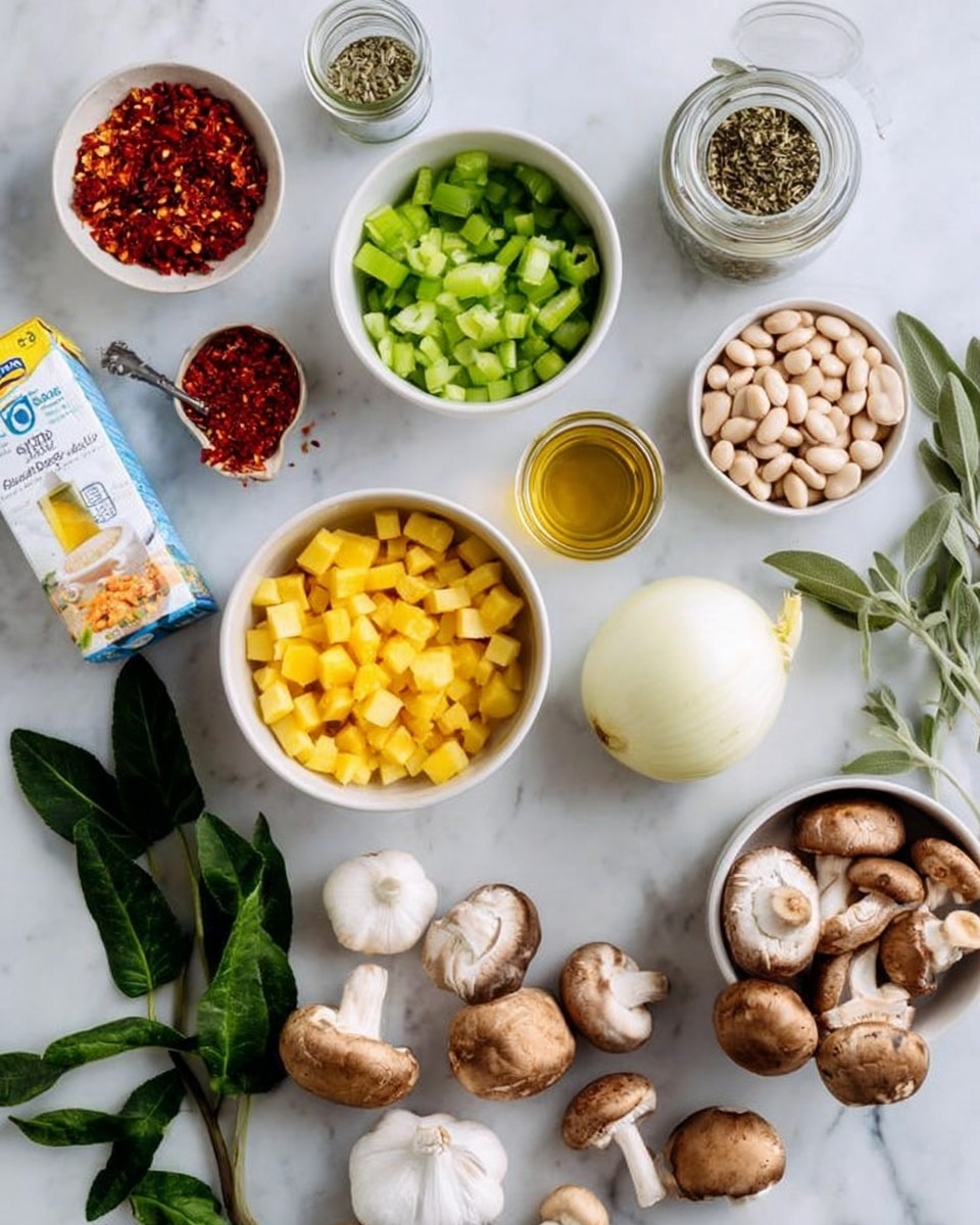The image shows an overhead view of various chopped and whole ingredients arranged on a white marbled surface. There is a white bowl filled with small yellow cubes placed near the center. To its left, a white bowl contains chopped green celery pieces. Above these bowls, a small glass jar holds dried red flakes, and another glass jar nearby has dried herbs. A larger white bowl holds white beans close to the top right side. Near the center bottom right, there is a white onion, garlic bulb, and a bunch of brown mushrooms grouped together. Fresh green leaves and a small bottle of golden oil are placed around the ingredients. There are also cartons and a can of vegetable broth and white beans positioned around the bowls. Photo taken with an iphone --ar 4:5 --v 7