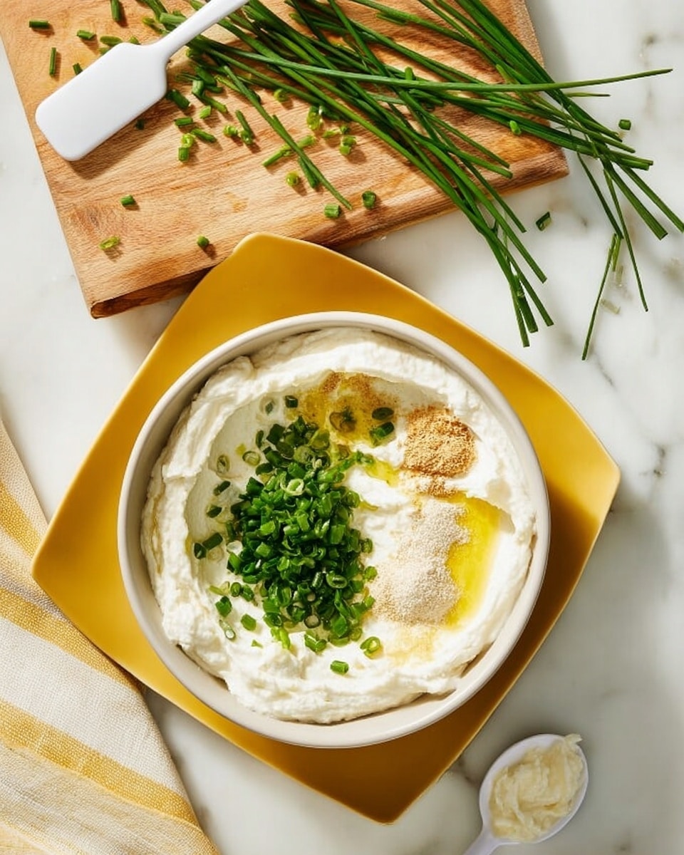 The image shows a white bowl filled with a creamy white mixture topped with several layers: a drizzle of yellow oil, a heap of finely chopped bright green chives on one side, and small piles of light beige and darker beige powders alongside a small spoonful of a pale mashed substance. The bowl sits on a square yellow plate, placed on a white marbled surface. Above the bowl, there is a wooden cutting board with fresh green chives lying on it, and more chives are scattered around the bowl on the white marble. A white spatula rests on the edge of the yellow plate, and a soft yellow and white striped cloth is partially visible at the bottom left corner of the frame. photo taken with an iphone --ar 4:5 --v 7
