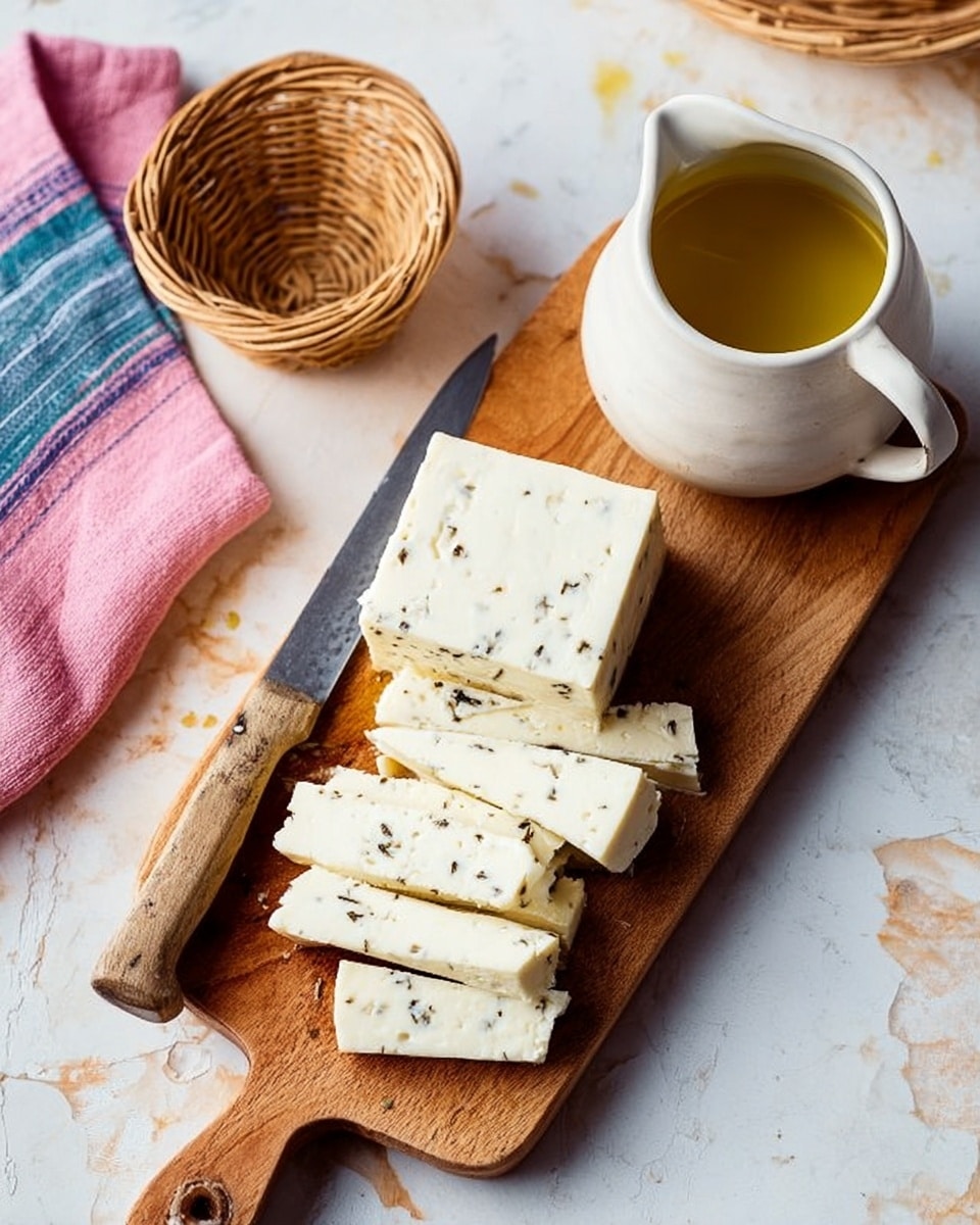 The image shows a wooden cutting board placed on a white marbled surface. On the board, there is a block of white cheese with black specks, partially sliced into thin, uneven rectangular pieces stacked loosely on top of each other. A knife with a wooden handle lies diagonally across the bottom part of the cutting board, next to the block of cheese. To the right of the board, there is a white jug filled with golden-yellow olive oil. A woven basket and a folded pink and blue-striped cloth are partially visible on the left side. Photo taken with an iphone --ar 4:5 --v 7